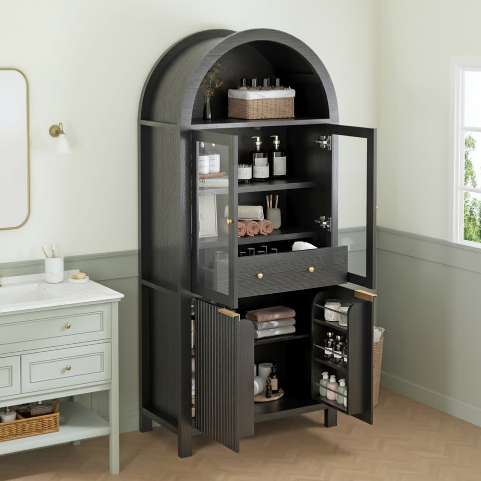 GlasFlength  71-Inch Black Fluted Tall Arched Pantry Cabinet Adjustable Shelves Hidden Drawer Glass Door Elegant Storage for Kitchen Living Room Dining Room