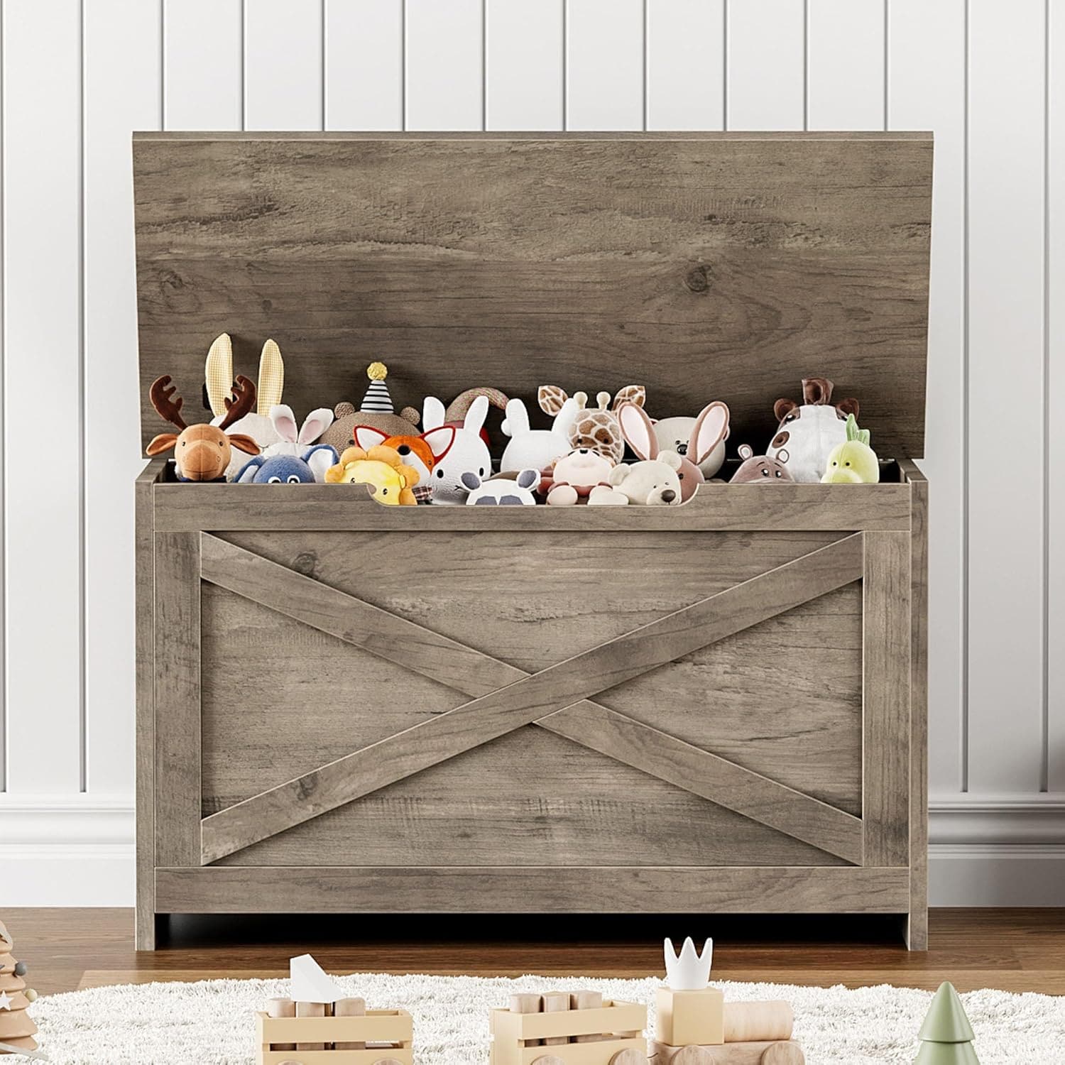 IdealHouse 30 Inch Wooden Storage Chest Entryway Storage Bench with Safety Hinge Easy Assembly Large Shoe Bench Organizer for Living Room Bedroom Grey