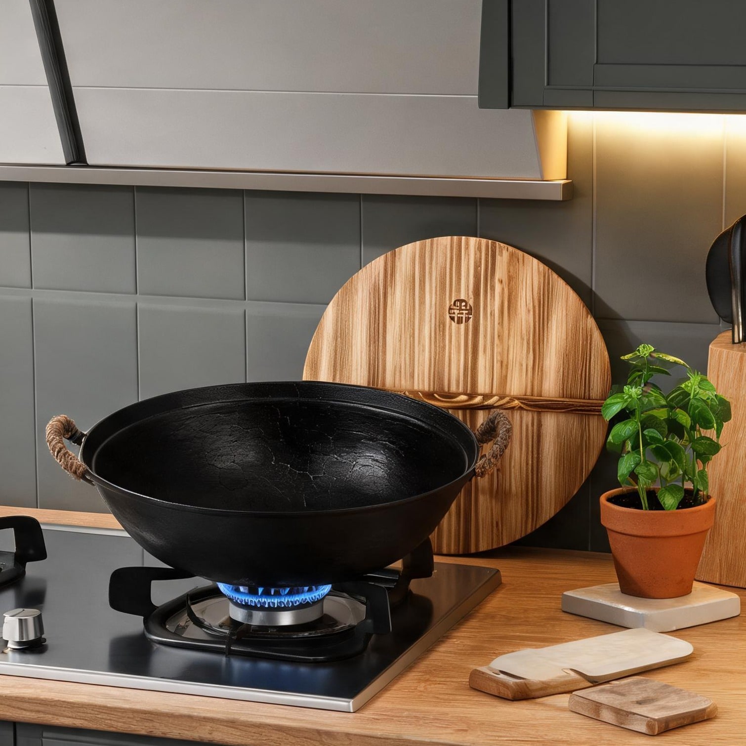 Naturefalls Handcrafted 13.4-Inch Round Bottom Cast Iron Wok with Dual Handle Deep Black