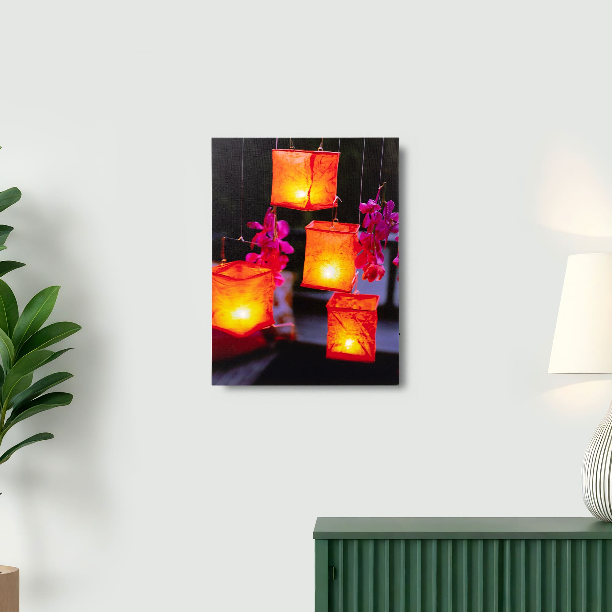 Northlight LED Lighted Paper Candle Lanterns and Orchids Canvas Wall Art - 15.75 inch x 11.75 inch
