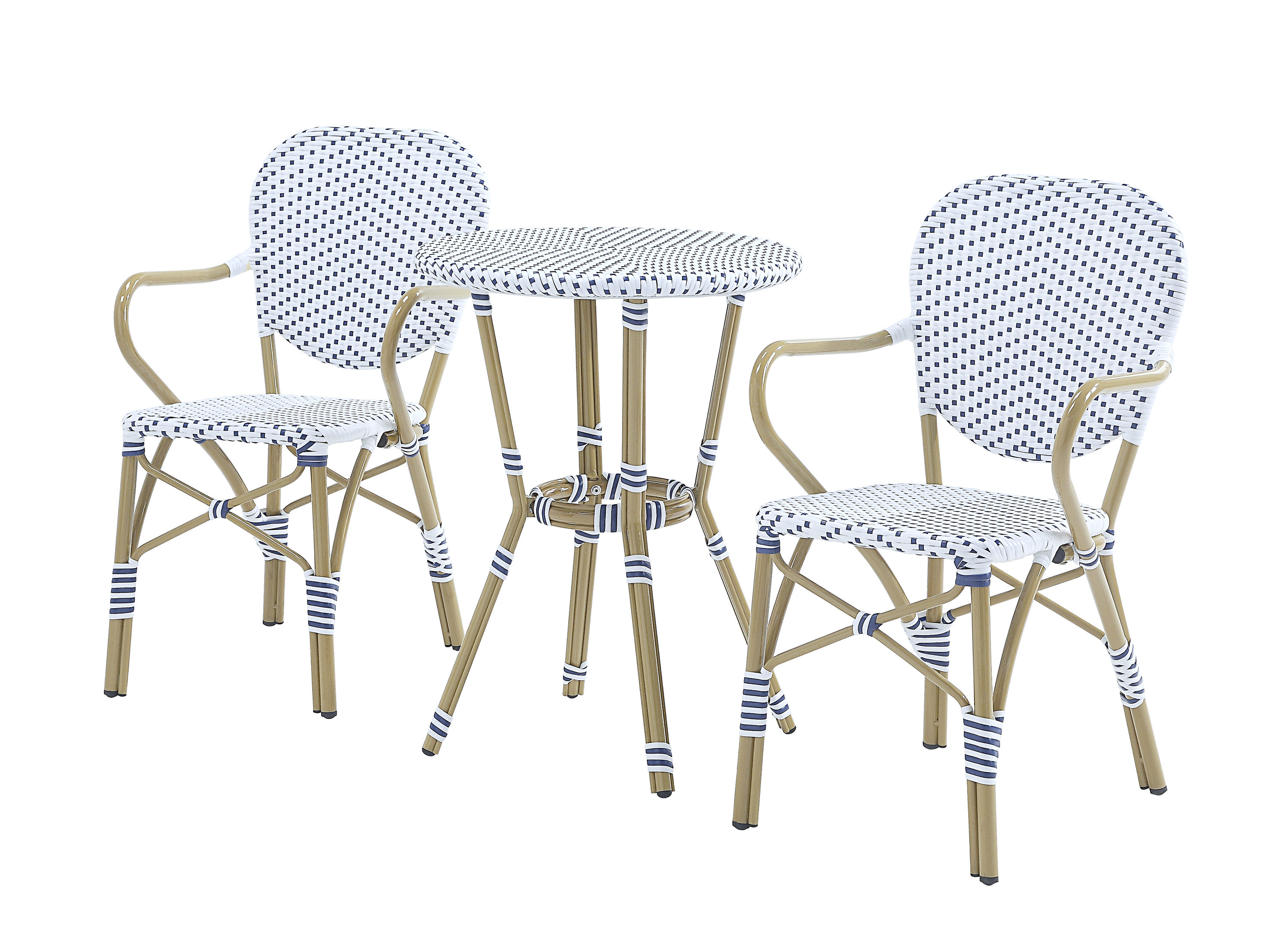 Furniture of America IDF-OT1849WH3PK 3 -Piece White, blue and brown finish Wicker Bistro Patio Dining Set Aluminum Round Table with 2 Stackable Spring Motion Chairs