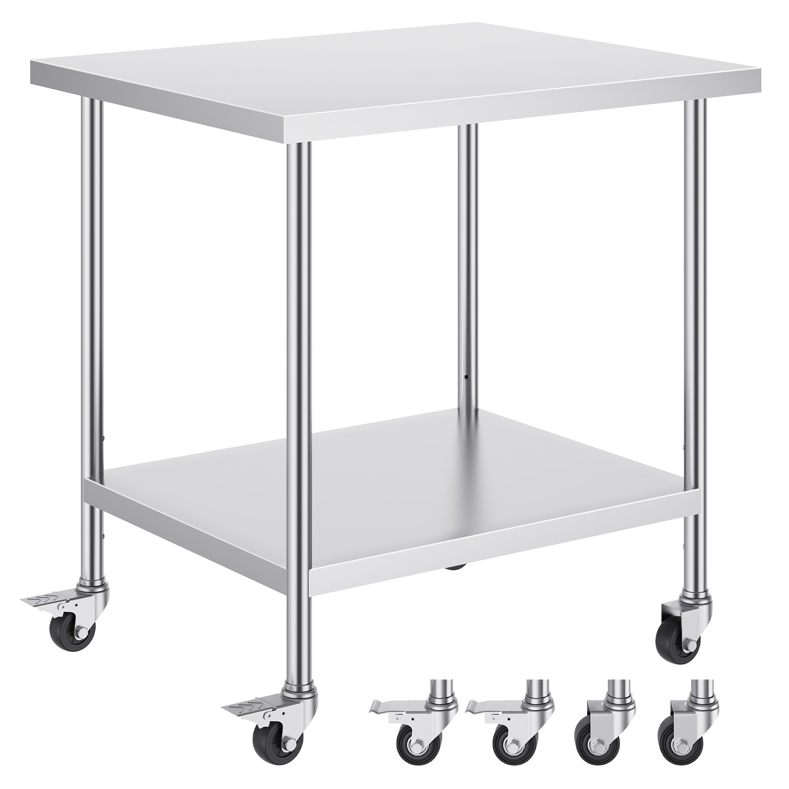 VEVOR Stainless Steel Work Table 30 x 18 x 38 Inch with 4 Wheels 3 Adjustable Height Levels Heavy Duty Food Prep Worktable for Commercial Kitchen Restaurant Silver