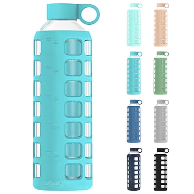 purifyou Premium Glass Water Bottle with Silicone Sleeve and Stainless Steel Lid 32 oz 12/22 