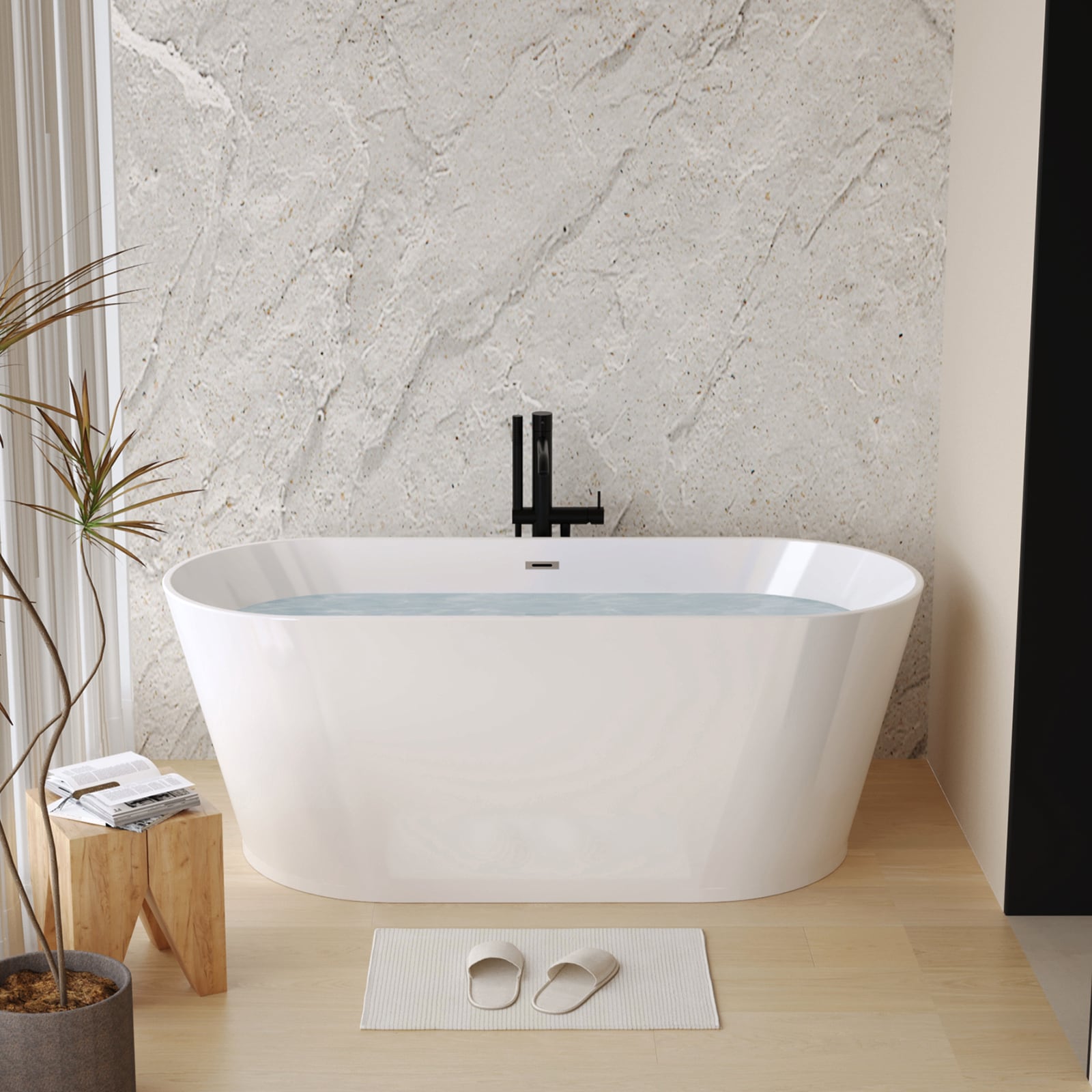 POCCI Contemporary 55 Inch Freestanding Soaking Tub in Glossy White Acrylic with Center Drain