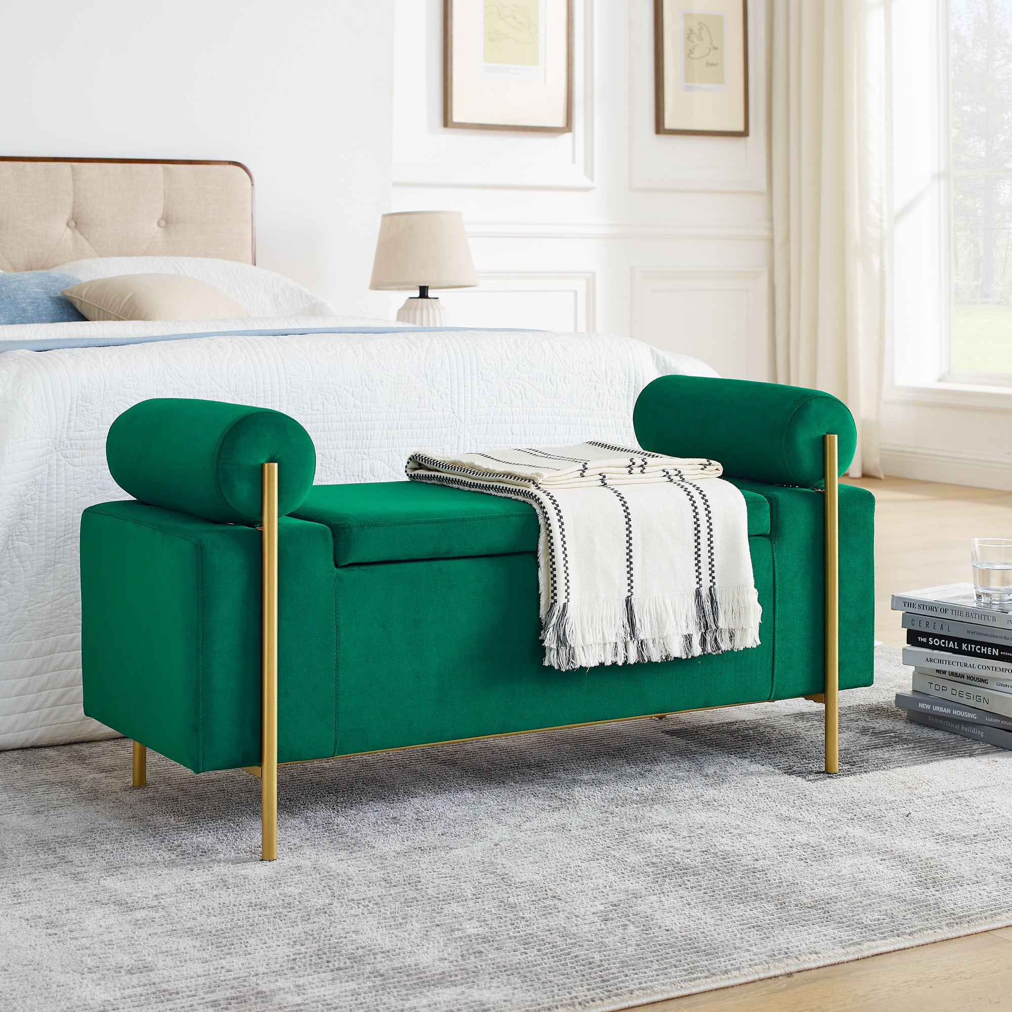 LOVMOR  Elegant Upholstered Velvet Storage Bench with Cylindrical Arms and Iron Legs for Hallway Living Room Bedroom Green