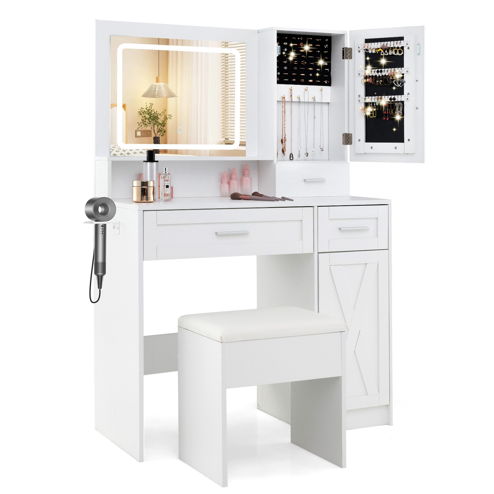 Slickblue D-CO-HW-SU25801UH 35.5 White Makeup Vanity with LED Mirror 3 Lighting Modes Charging Station USB Ports AC Outlets Jewelry Cabinet Hair Dryer Rack and Storage