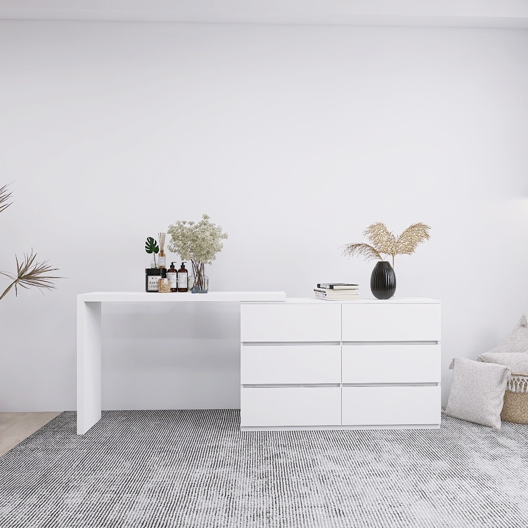 Horizons Prime 45 inch White Engineered Wood Chest of Drawers with Rotatable Desk Top and 6 Drawers