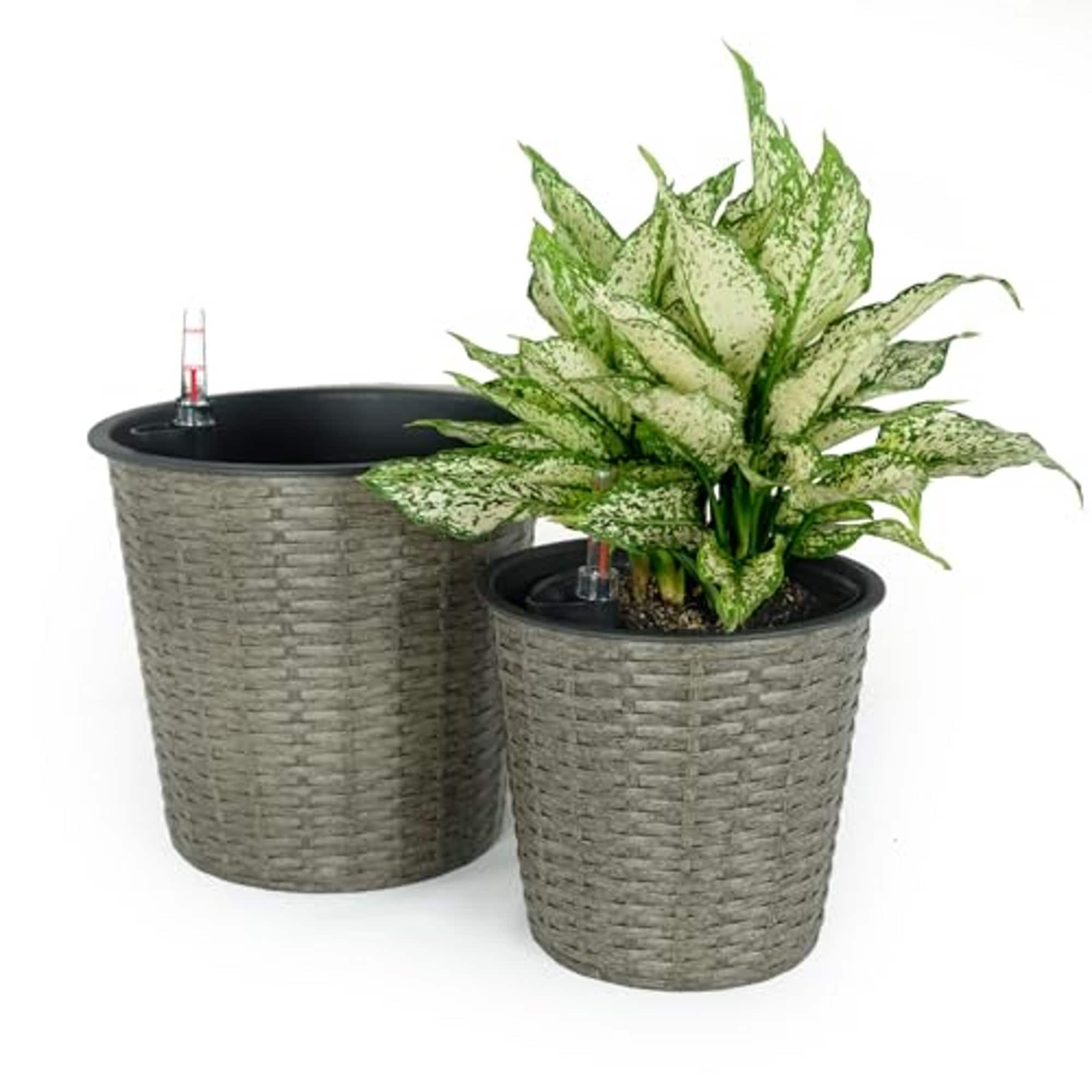 Yiekholo LL-1674AA 2 -Pack Round 13.4-in W Medium Gray Plastic Indoor/Outdoor Planter with Self Watering