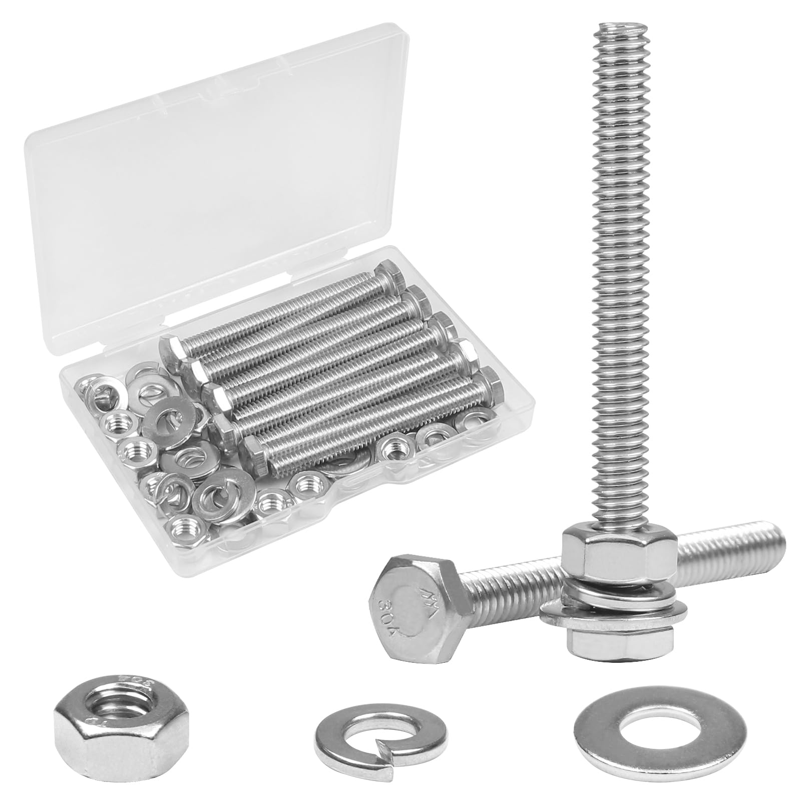 KHKFY 10 Sets One quarter 20 by Three Inch Hex Head Screw Bolt Nuts Flat and Lock Washers Stainless Steel 304 Fully Threaded Machine Hex Bolts #LKH0817H453