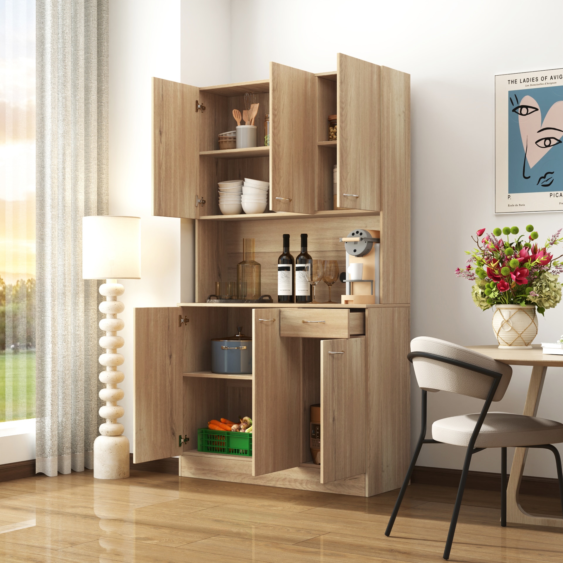 LUXEYARD 70.87Inch Tall Wardrobeand Kitchen Cabinet with 6Doors 1Open Shelves and 1Drawer for bedroomRustic Oak