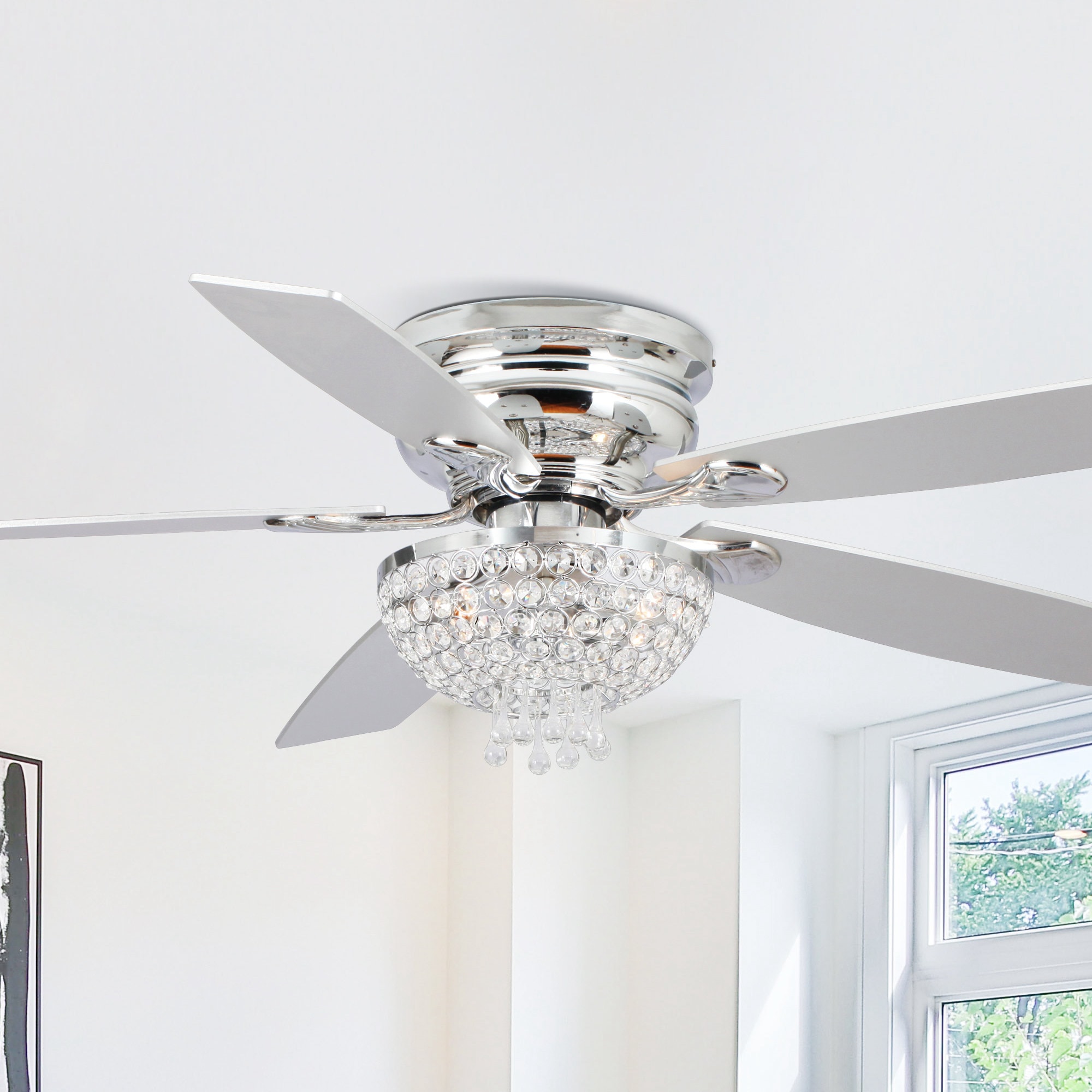 Parrot Uncle F6349110V 52-in Flush Mount Chrome with Silver Blades Chandelier Ceiling Fan Light Kit Compatible - Remote Included ( 5 -Blade )
