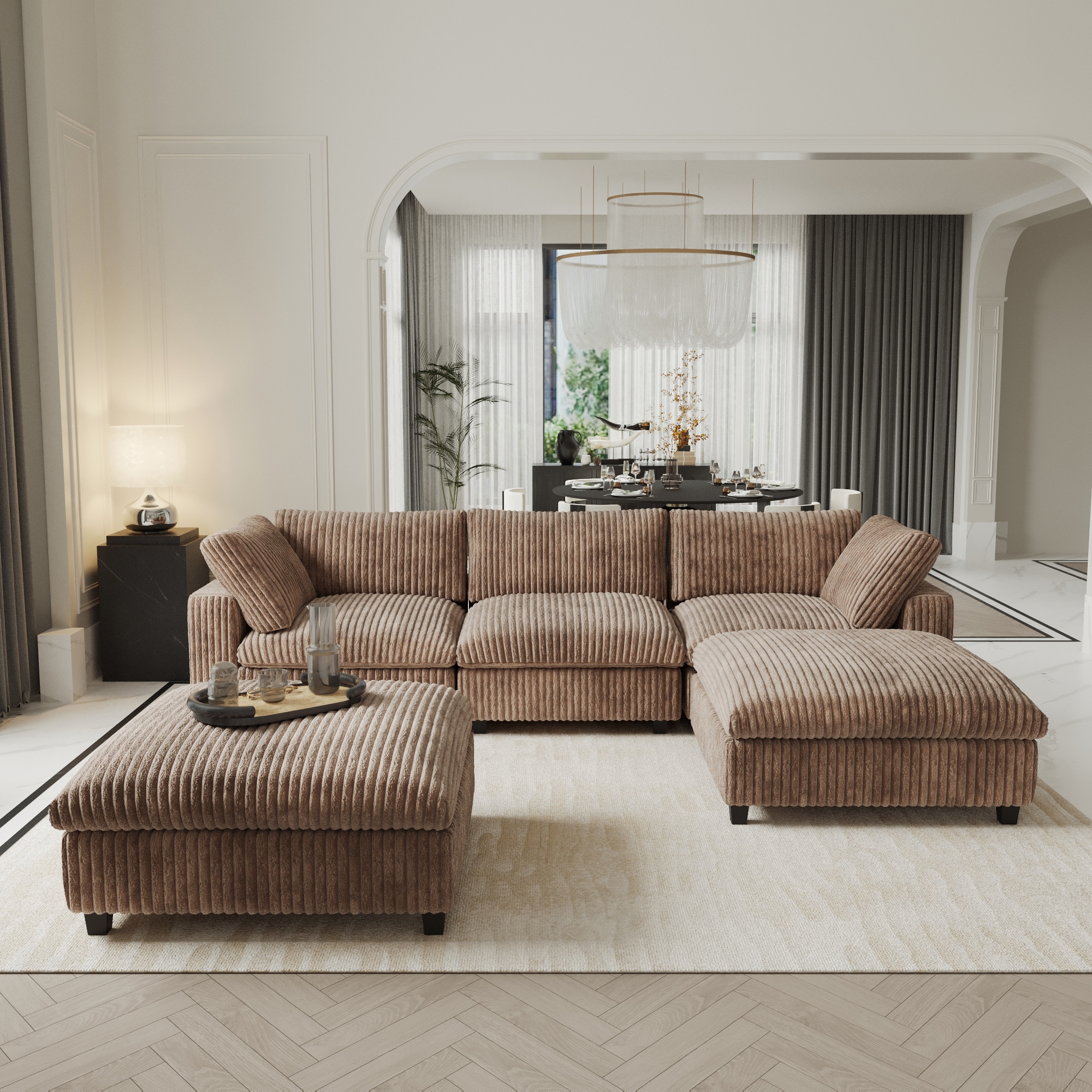 BuotiqHom DH-SF3+2-141TA 118-in Modern Brown (3 Seats+2 Ottomans) Velvet 3 -seater Sectional