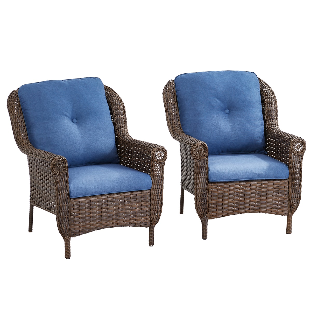 Rilyson FSPBR11-1 Daisy Set of 2 Wicker Brown Wicker Frame Stationary Conversation Chair with Brown Blue Cushioned Seat
