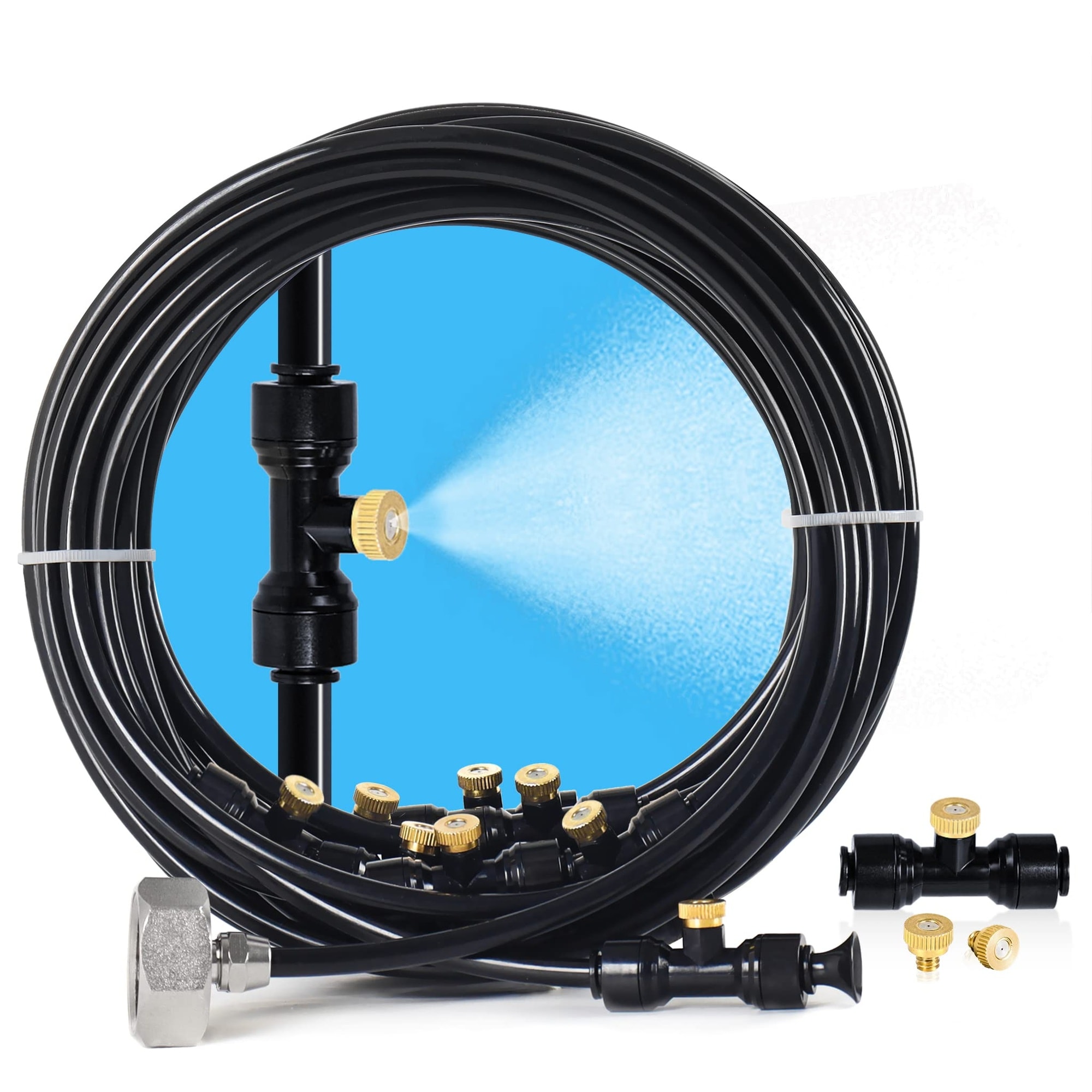 Vrbgify  Patio Misting System 26FT Outdoor Cooling Kit with 7 Brass Mist Nozzles 34 Adapter Leak Proof Tubing for Garden Greenhouse