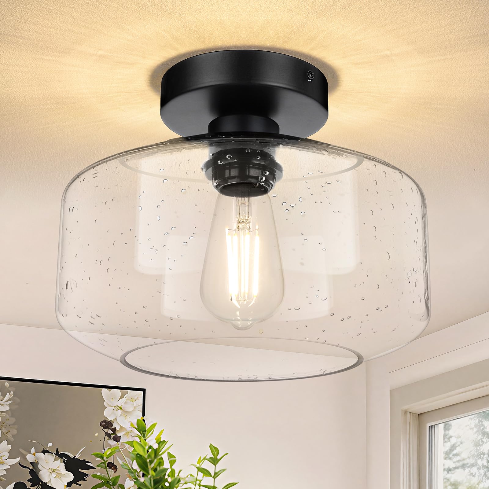 Anqtovp  Industrial Semi Flush Mount Ceiling Light Fixture Seeded Glass Lamp Shade Black Metal Farmhouse Light for Hallway Kitchen Bedroom Extra