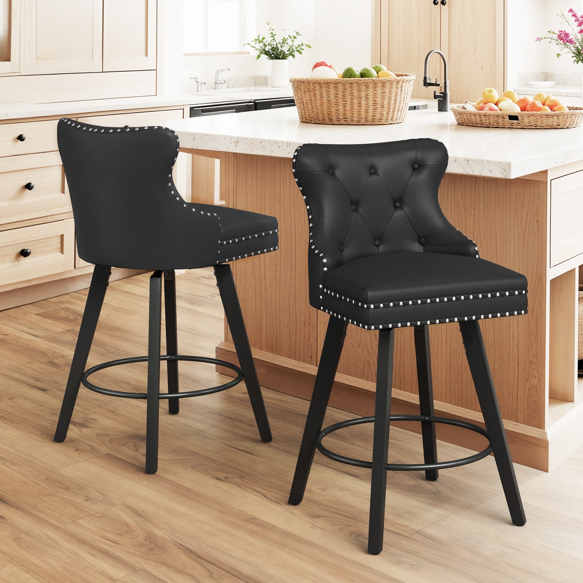 LUE BONA YB-122-03LS Set of 2 Black 27-in H Counter height (24-in to 27-in) Square Seat Upholstered Swivel Wood Back Bar Stool Back