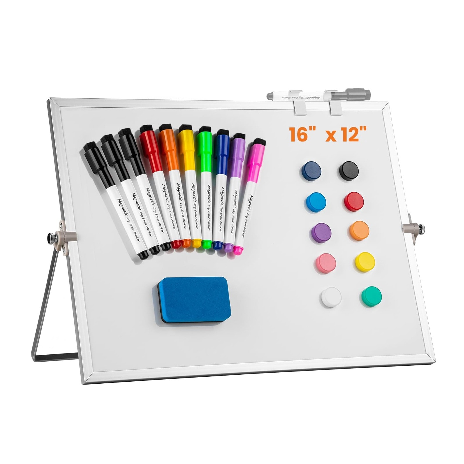 CYIKE  16 x 12 Inch Magnetic Double Sided Whiteboard Set with Stand 10 Markers 10 Magnets 1 Eraser Portable Desktop Dry Erase Board for Kids
