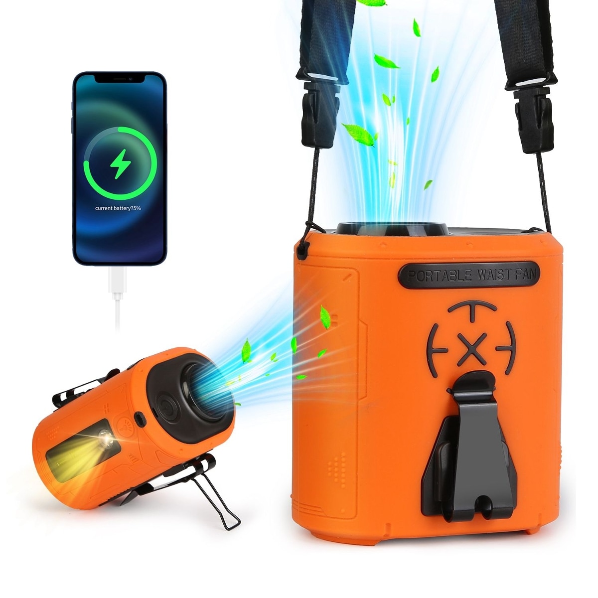 Ropilly  Waist Clip Fan 5 In 1 Portable Fan 10000mAh Rechargeable Belt Fan With Flashlight For Camping Work Travel