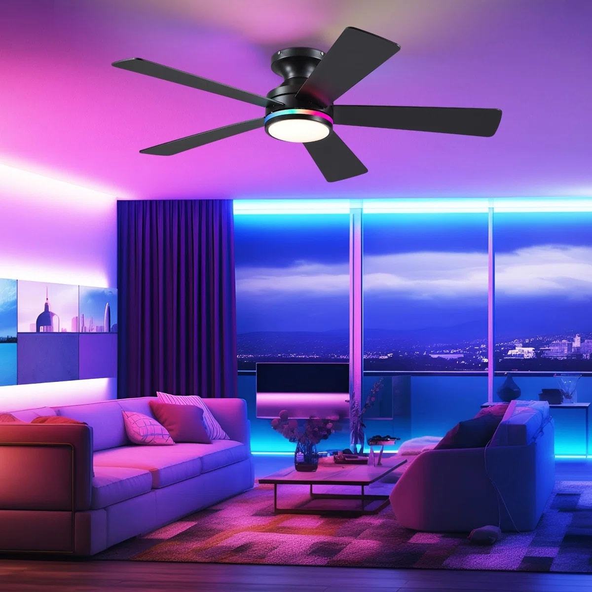 Kviflon  46 in Black RGB Flush Mount Ceiling Fan with Light Smart Ambient RGB Side Lighting Quiet DC Motor 6 Speed Remote and App Control Low Profile Design for Bedroom and Indoor Spaces