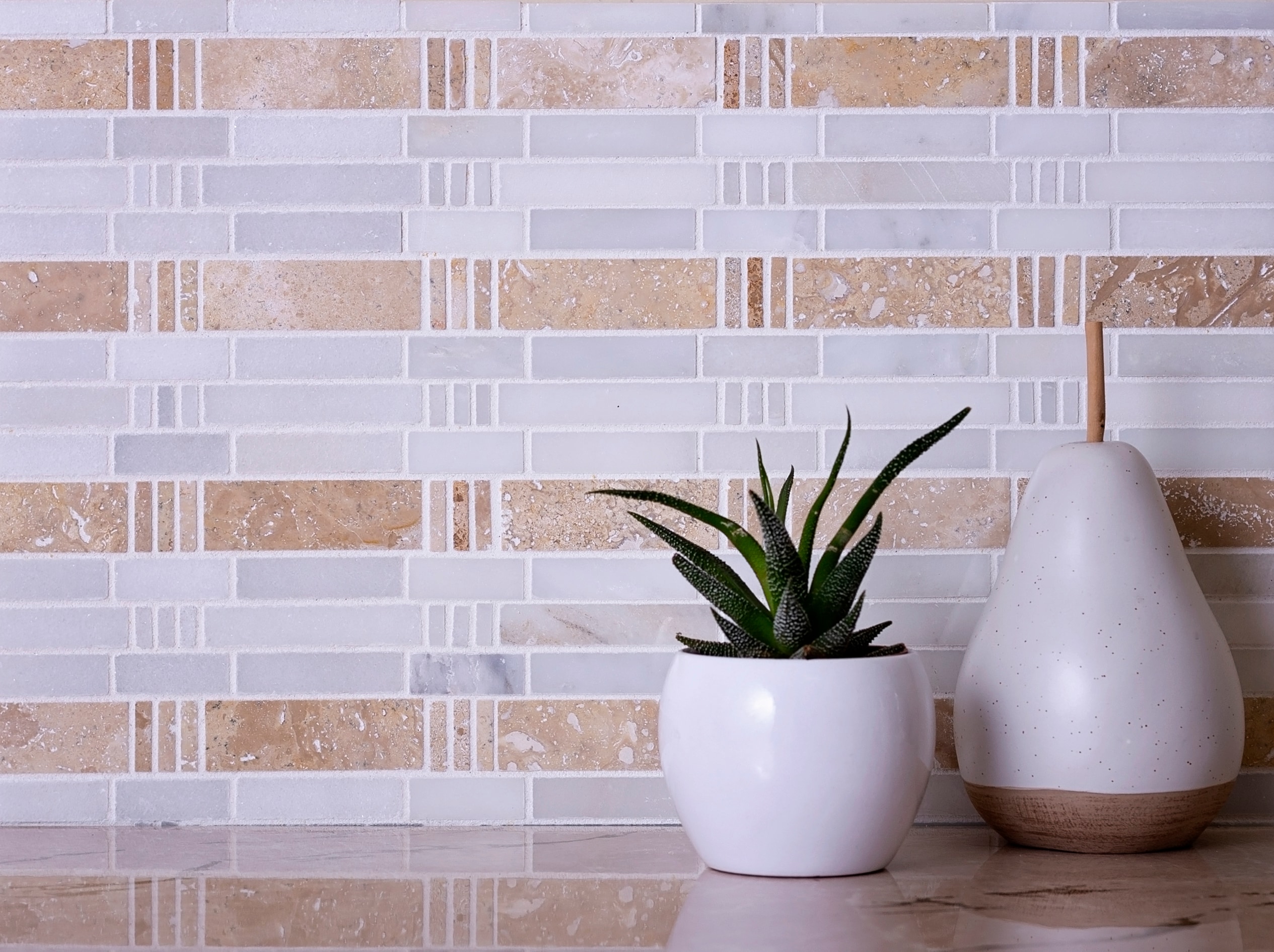 Beige and White Polished Marble Mosaic Tile 12" x 12"