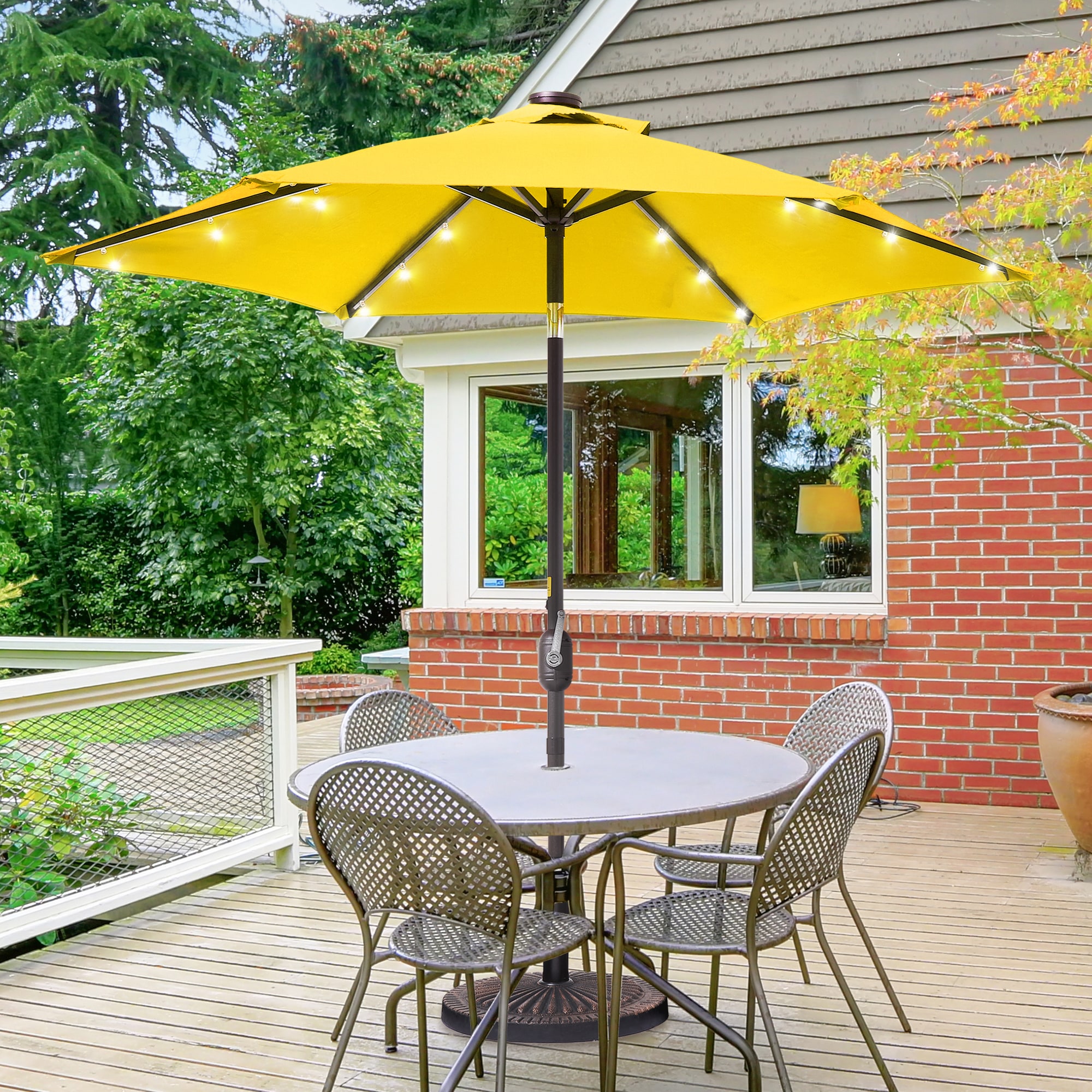 Sonkuki SD-TJLED75WT 7.5-Feet Steel Yellow Push-button Tilt Market Patio Umbrella with Lights and