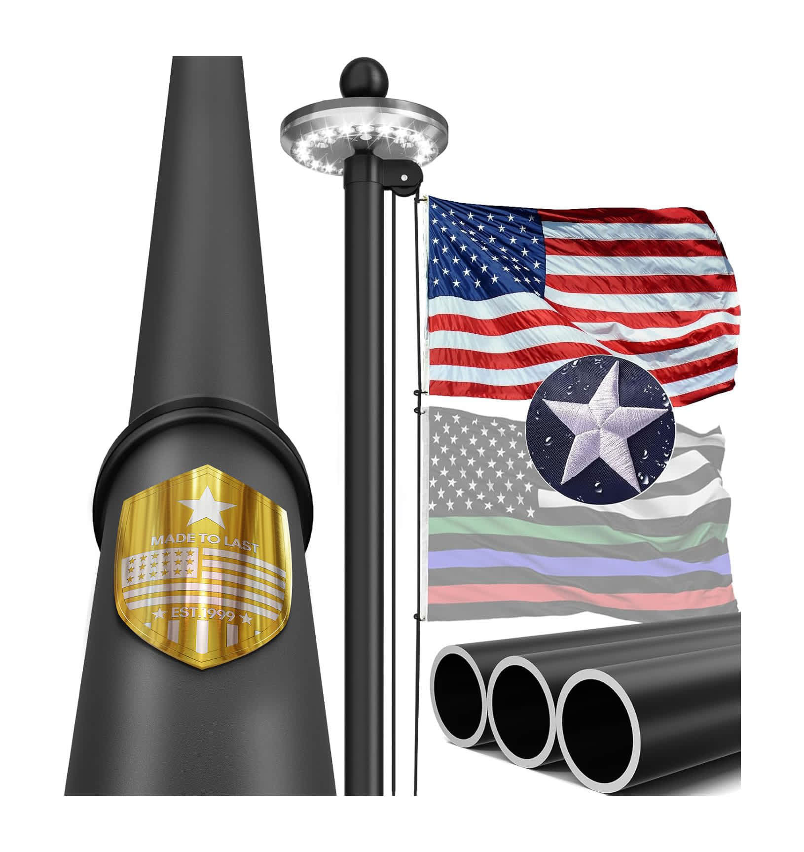 Aoibox  25FT Heavy Duty Aluminum Flag Pole Kit Wind Resistant Tapered Design 2.7 Inch Bottom Tube Solar Light 5x3FT USA Flag Complete Set