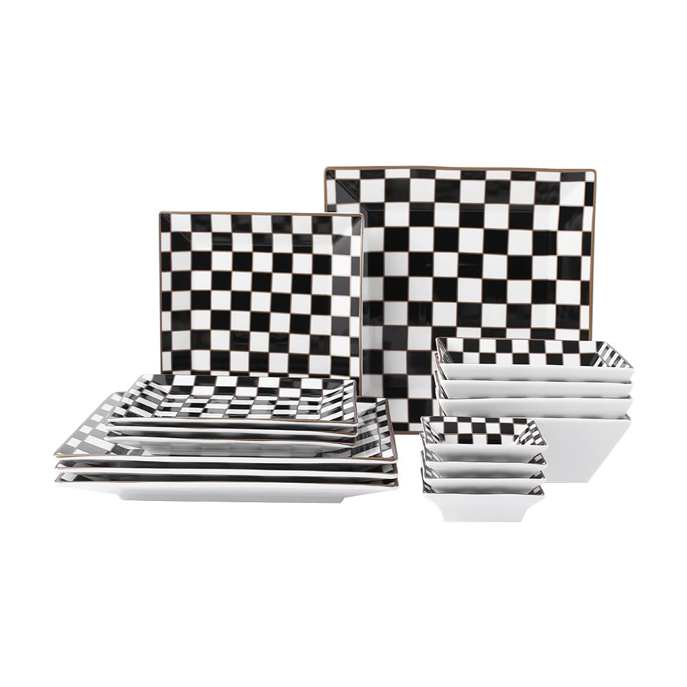Aoibox  Checker 16 Piece Square Black and White Porcelain Dinnerware Set Service for 4 Dinnerware Sets