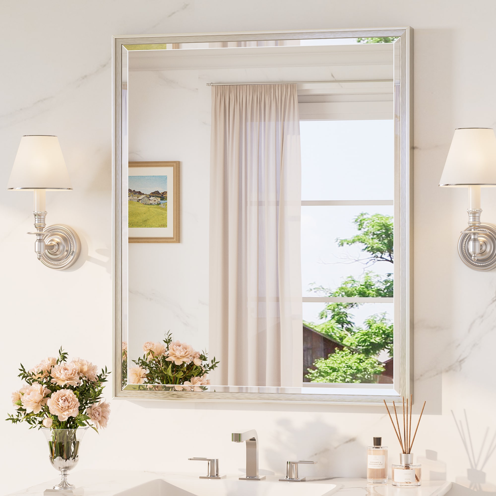 TETOTE Bathroom Mirrors 30x36 inch Beveled Rectangle Bathroom Vanity Mirror with Brushed Nickel Framed