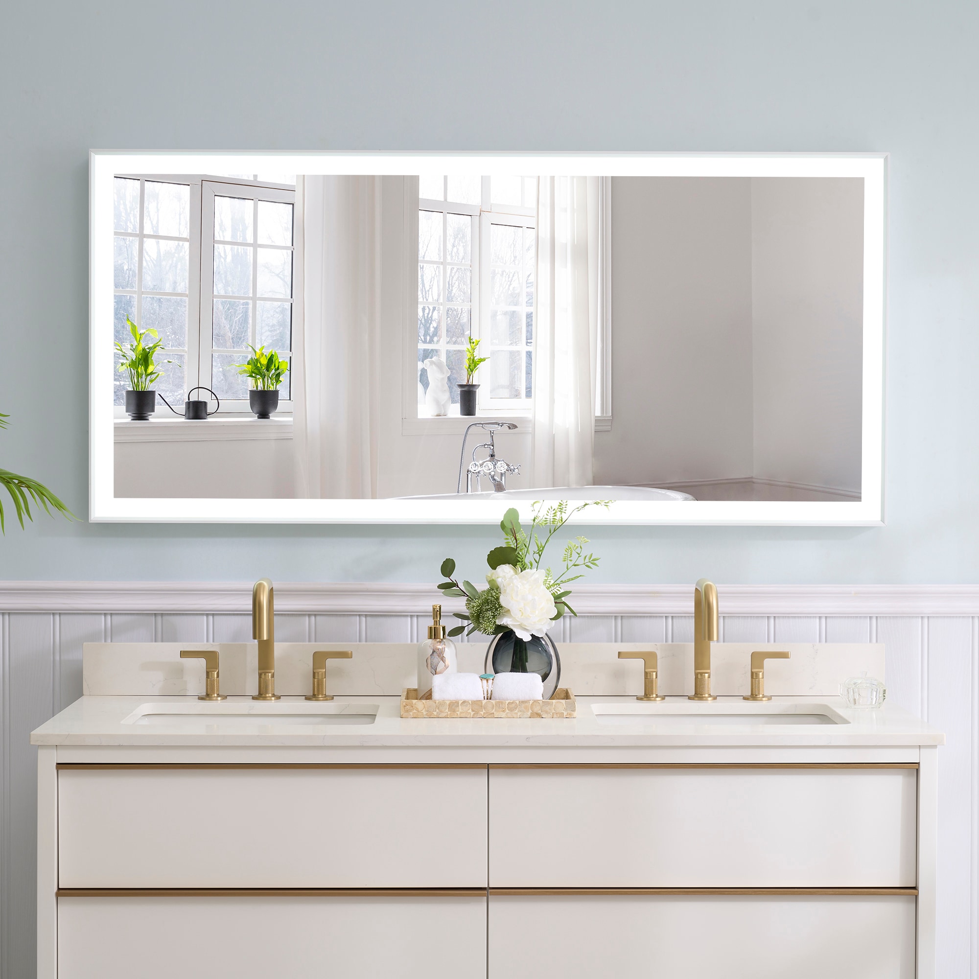 WELLFOR M1FM6028WT Eric 60-Inches x 28-Inches Framed Rectangle Dimmable Lighted Fog Free Bathroom Vanity Mirror ( White )