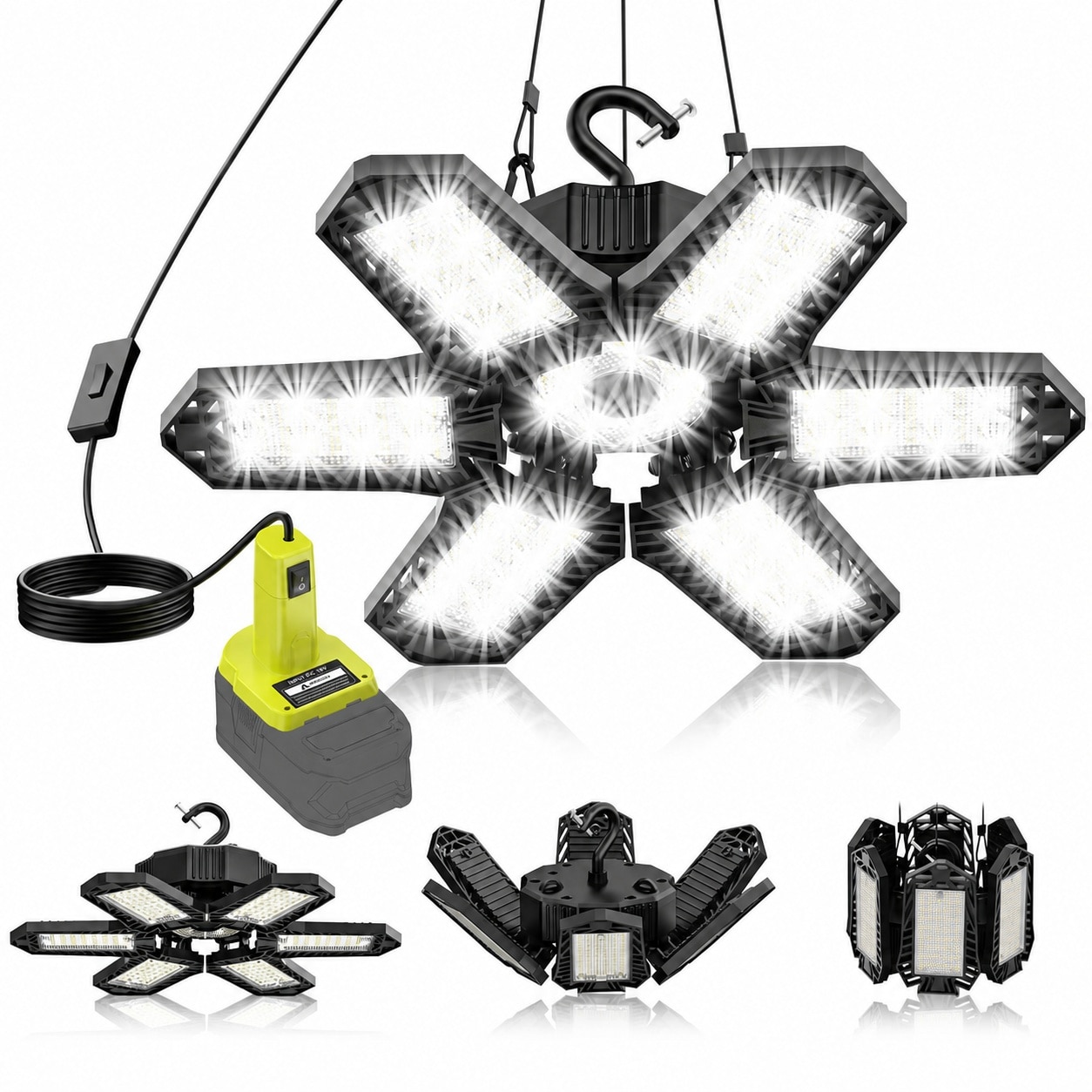 Lukvuzo LED Work Light 68W 6800 Lumen Garage Flood Light with 6 Adjustable Panels Pendant Ceiling Light for Workshop Shed Job Site Camping #LLU0708L104