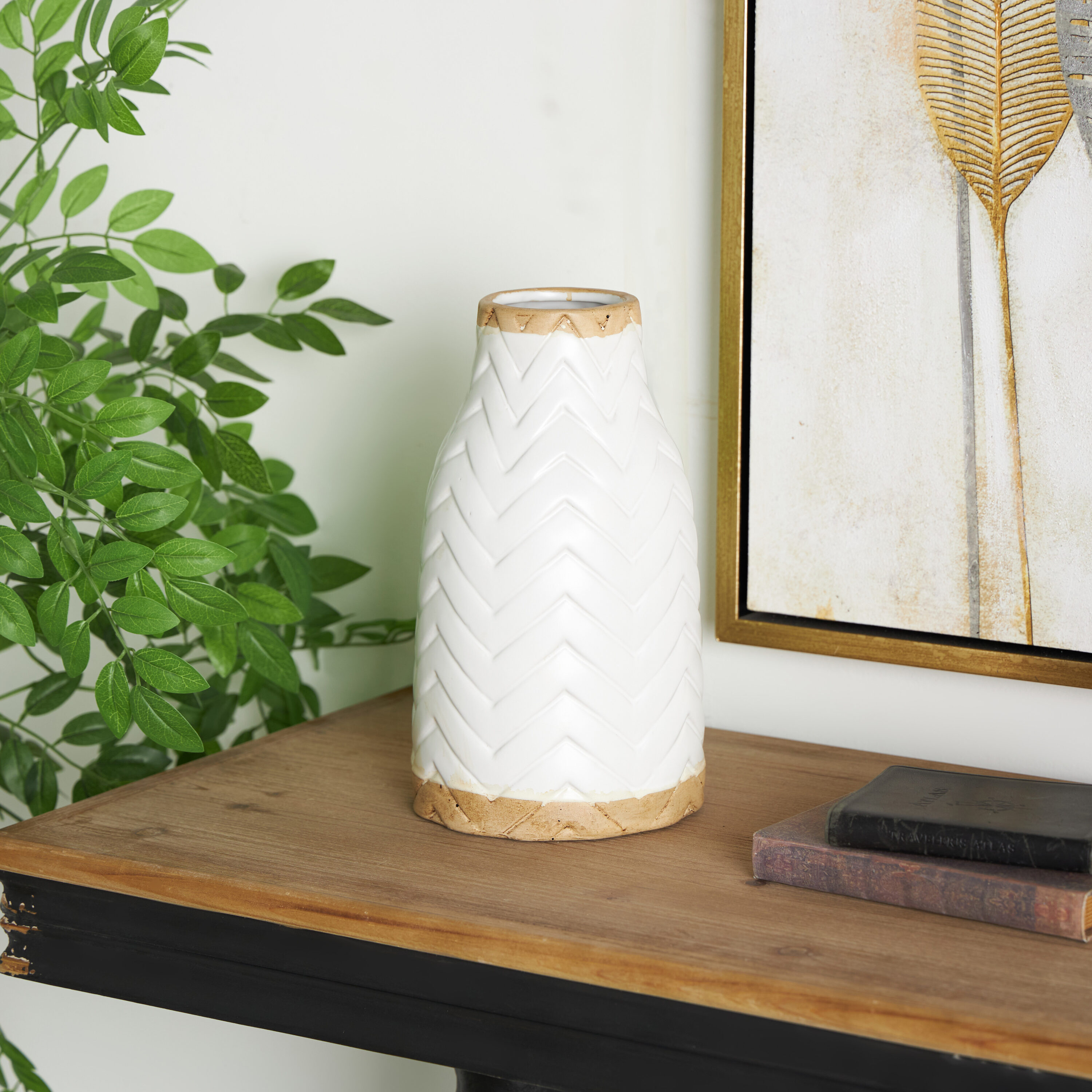 White Chevron Pattern Ceramic Vase with Brown Base, 12"