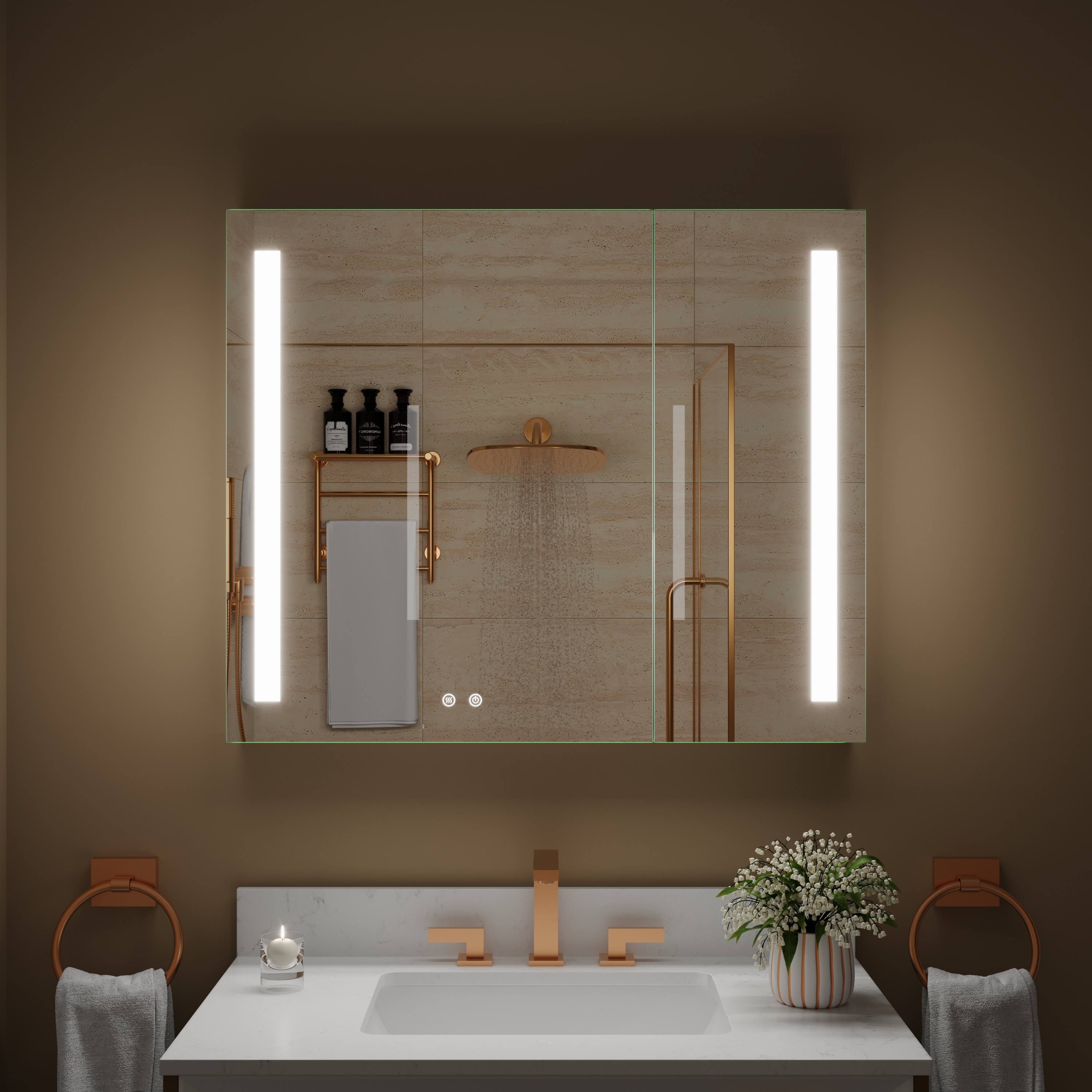 CALVON CLW43630 VIVI LED Medicine Cabinet 36-in x 30-in Lighted LED Fog Free Surface/Recessed Mount Silver Mirrored Rectangle Soft Close Medicine Cabinet with Outlet