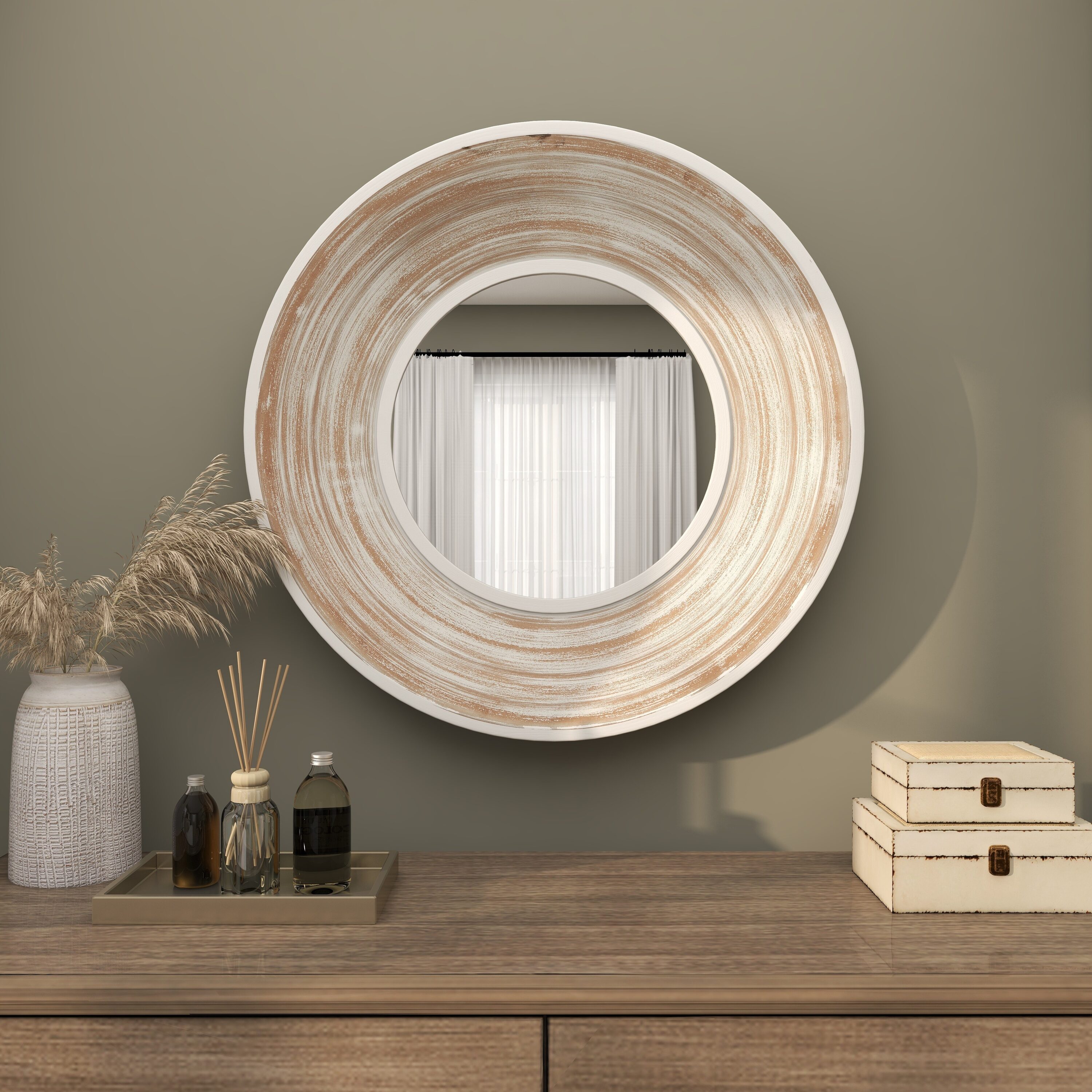 Grayson Lane 820746 35-Inches W x 35.0-Inches H Round Cream Wash Effect Framed Wall Mirror