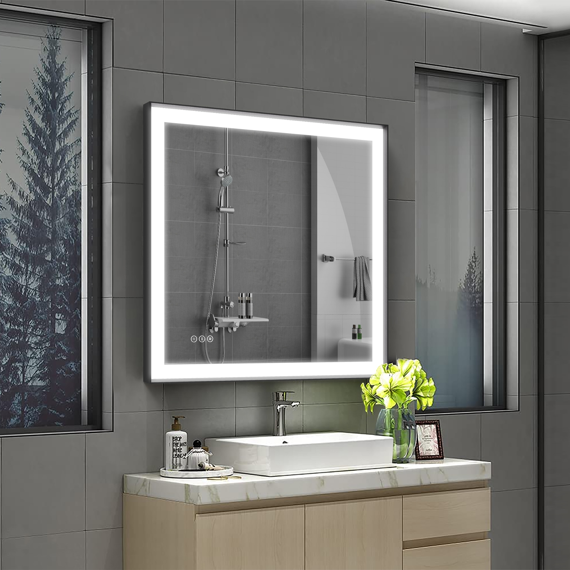 Maxax MS02-2836-II VM 28-in x 36-in Framed Rectangle Dimmable LED Lighted Fog Free Bathroom Vanity Mirror ( Sanded Matte Black )