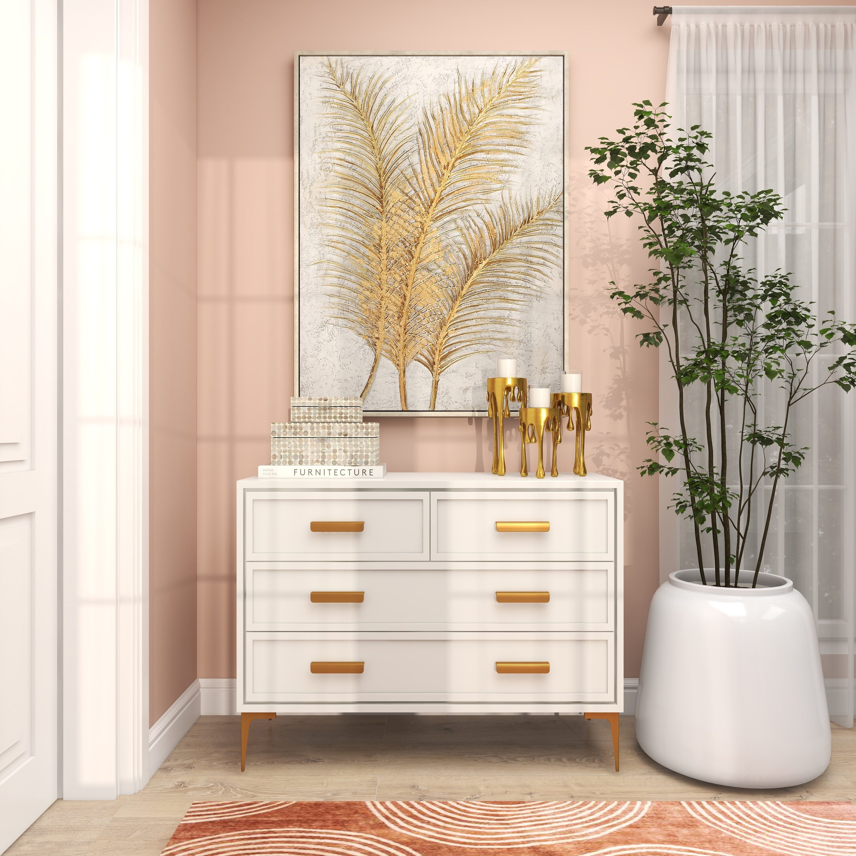 Large Gold and White Botanical Canvas Framed Wall Art