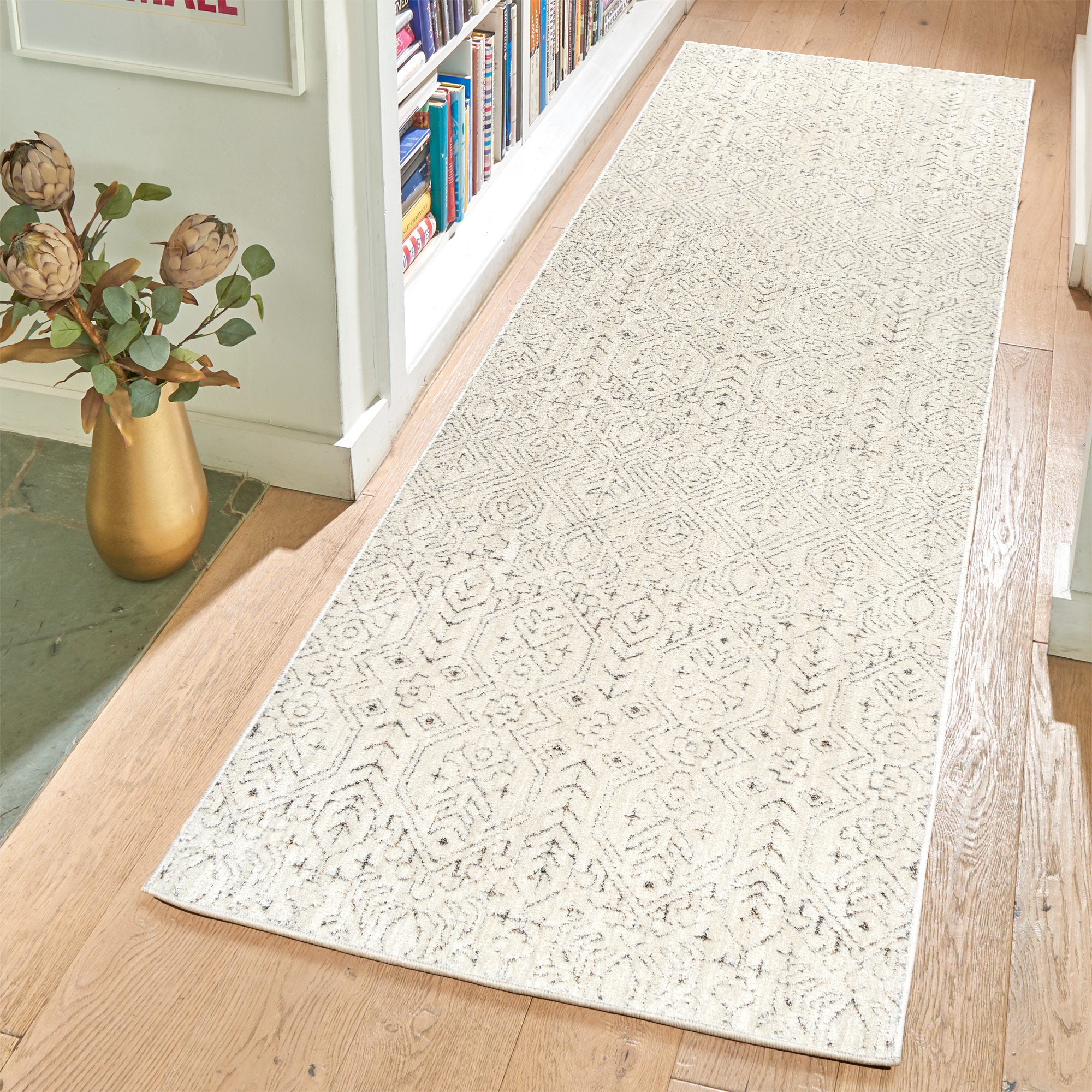 Cream and Gray Synthetic Easy Care Runner Rug