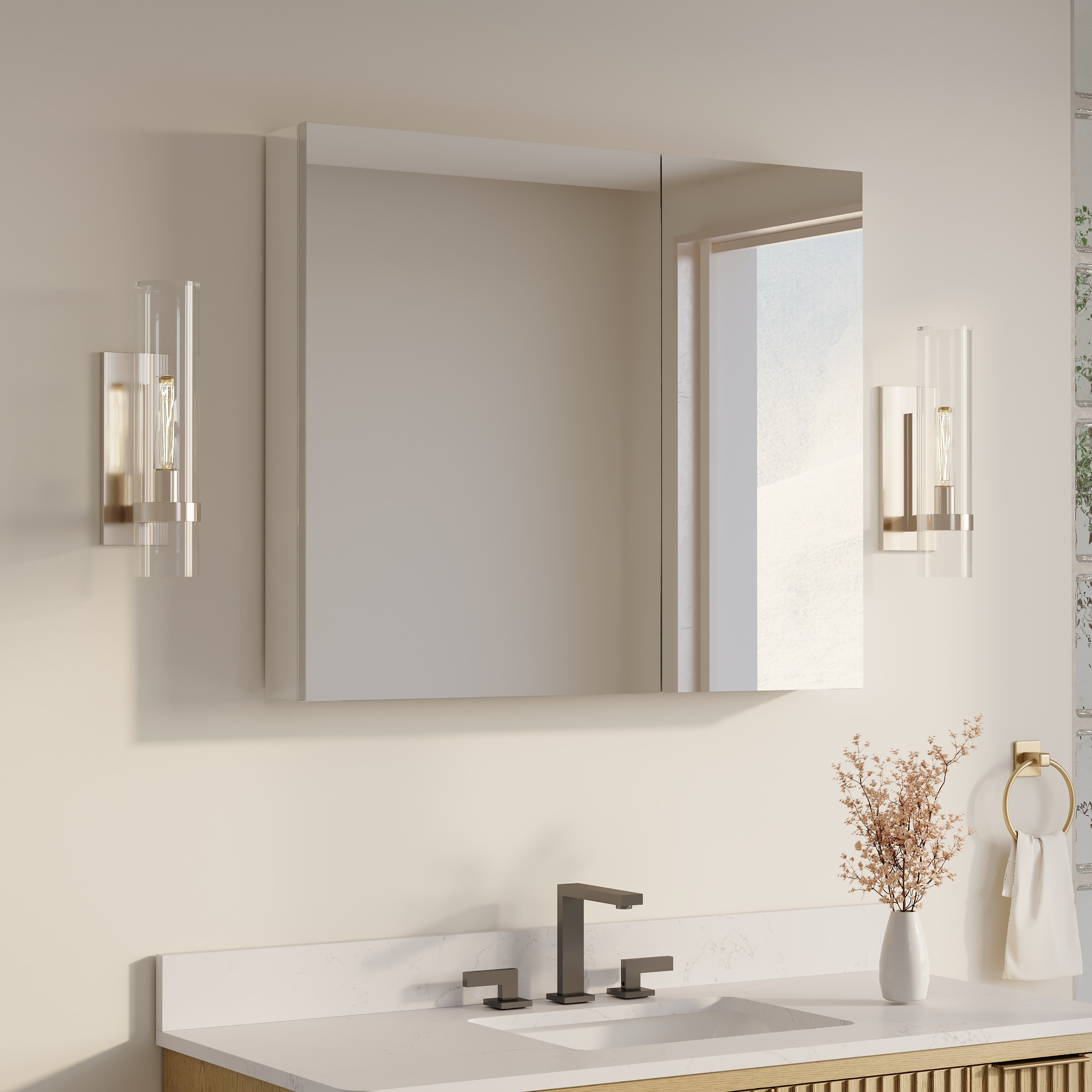 WELLFOR DH-MMC1930-BL RS 36-in x 30-in Surface/Recessed Mount Aluminum Mirrored Rectangle Soft Close Medicine Cabinet