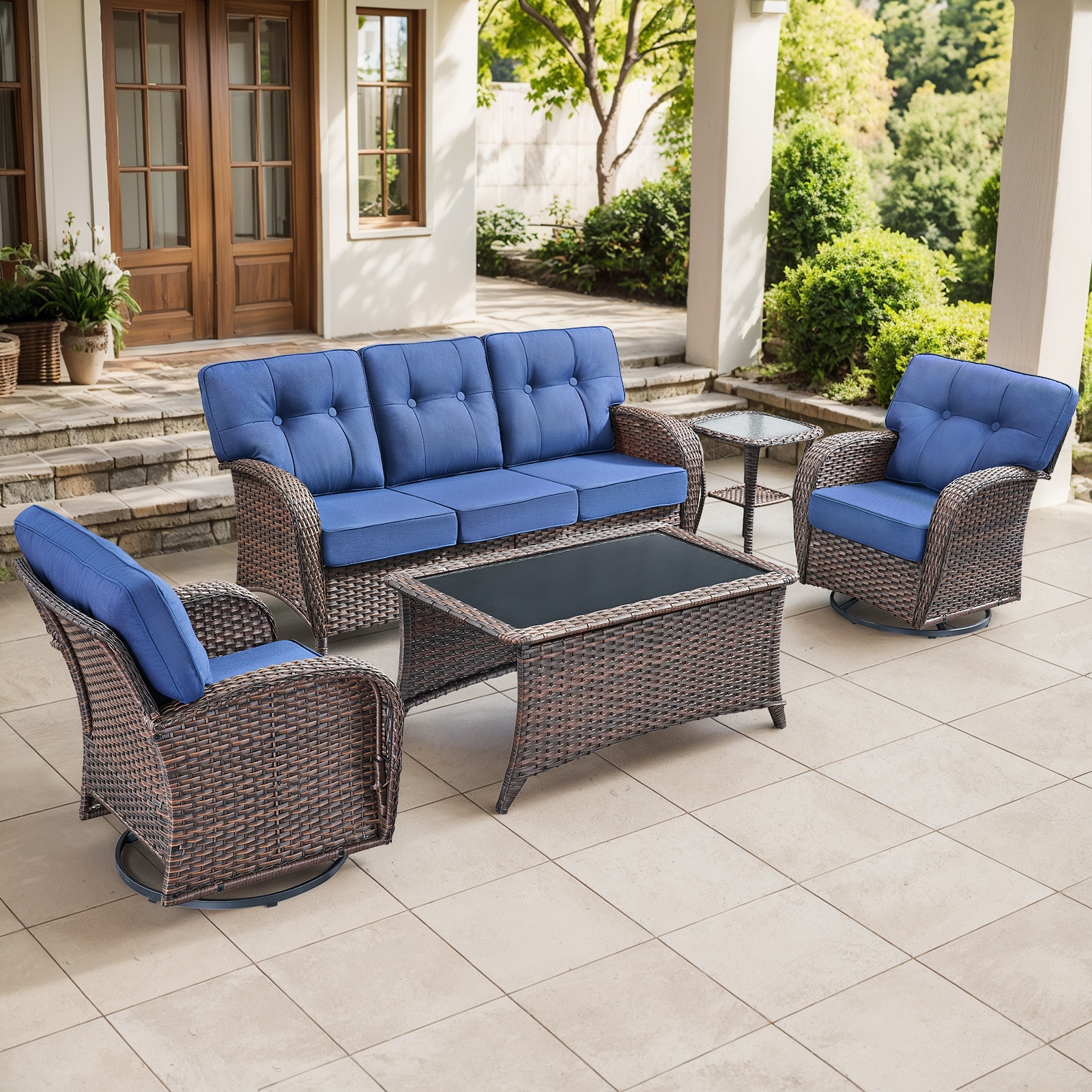 Pocassy PJTPBR132018-1 Outdoor Conversation Set 5 -Piece Wicker Patio Sofa Conversation Set with Blue Cushions