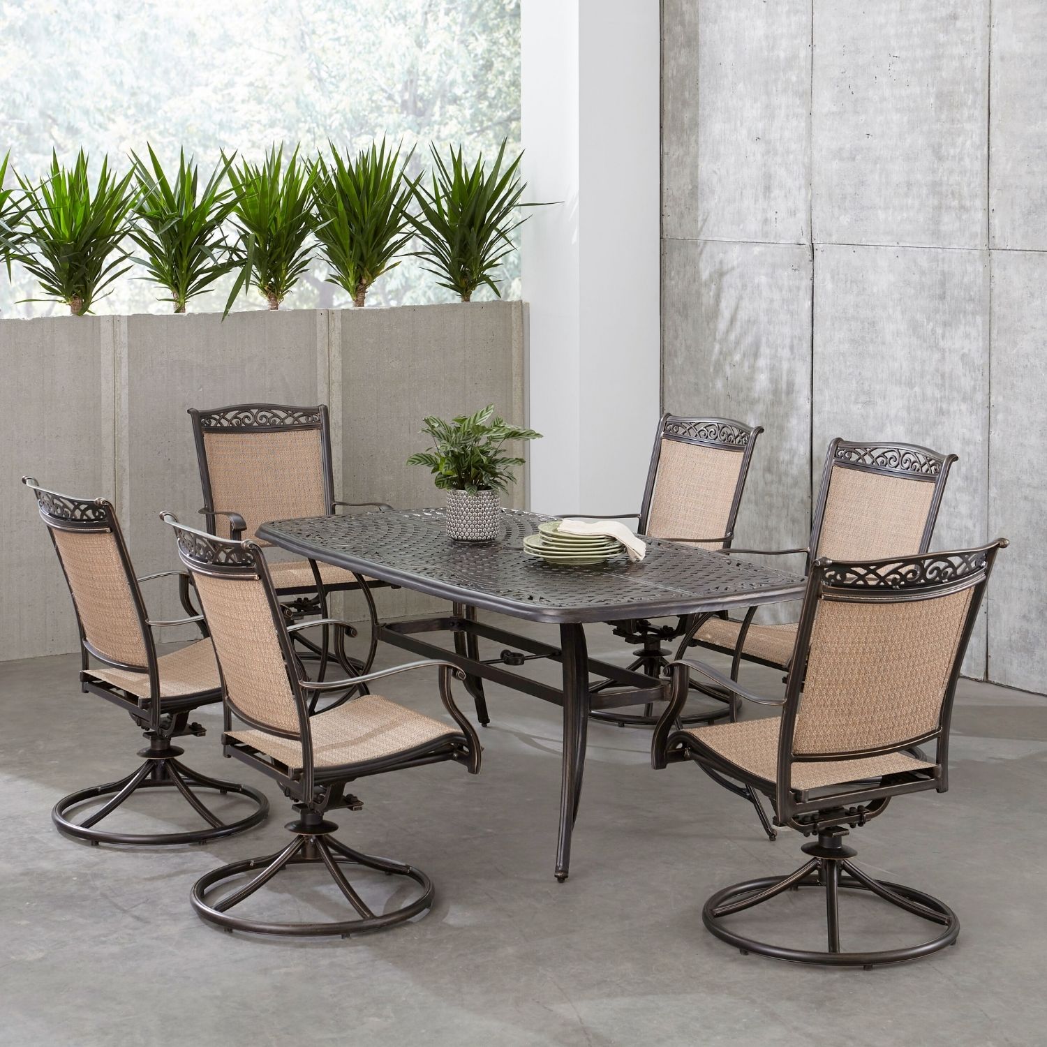 Hanover FNTDN7PCSWC Fontana 7 -Piece Bronze Patio Dining Set Aluminum Rectangle Table with 6 Tan Swivel Rocker Chairs