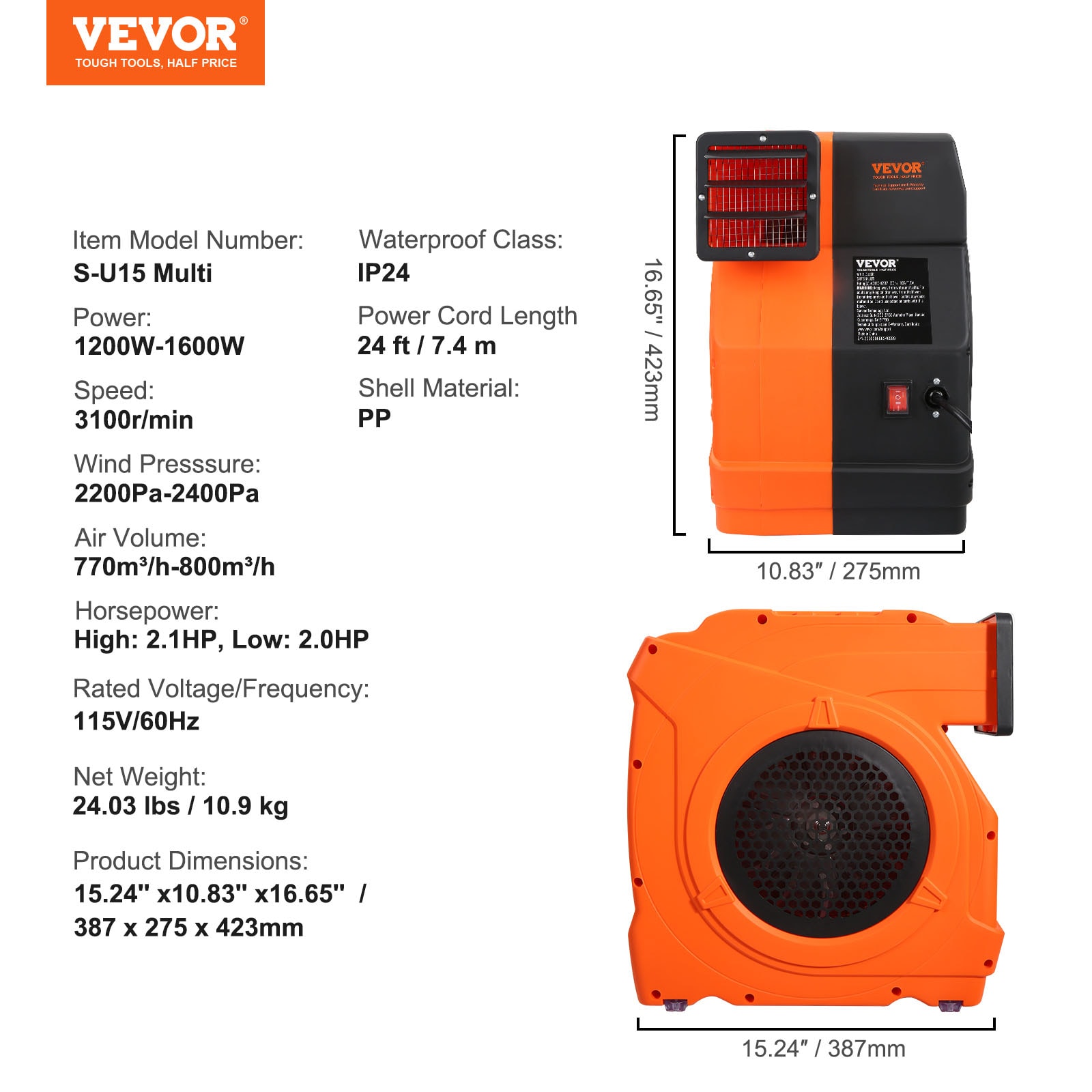 VEVOR 17" Orange Plastic Oscillating Blower Fan