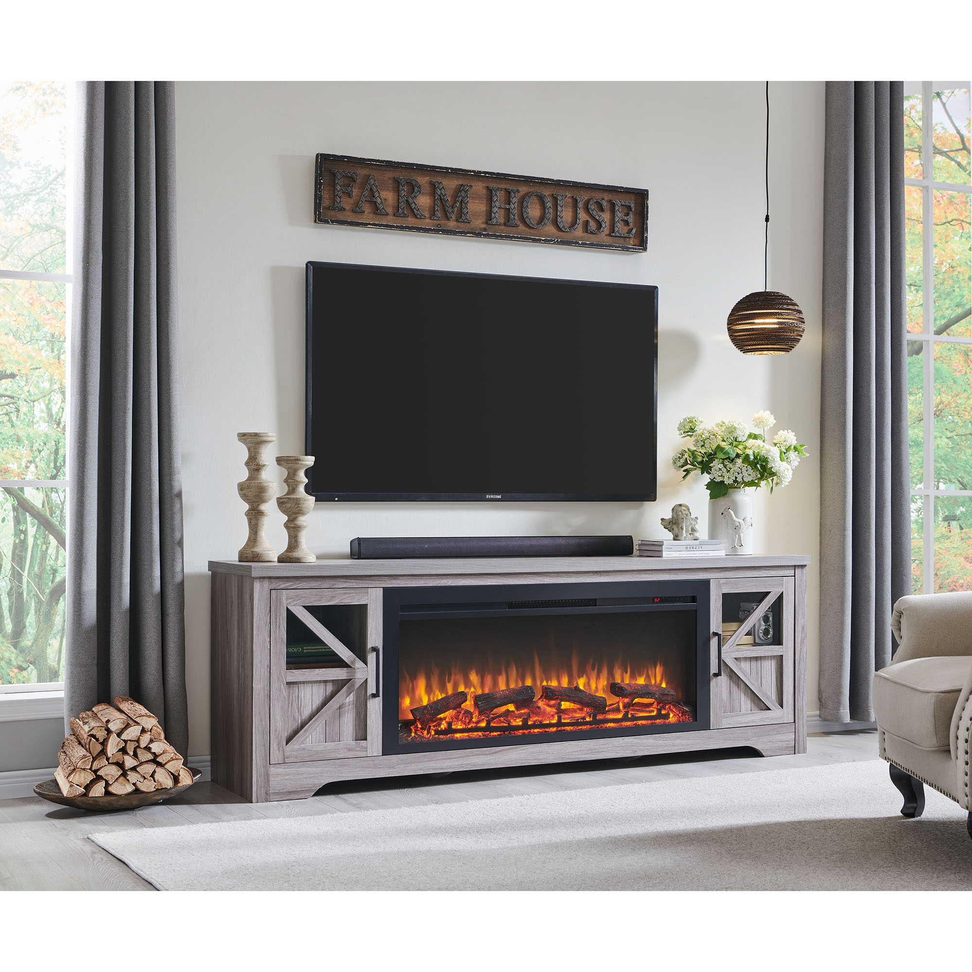 Fun Orange 75-in W Gray Wash TV Stand with Fan-forced Corner or Flat Wall Electric Fireplace with Remote Control Included