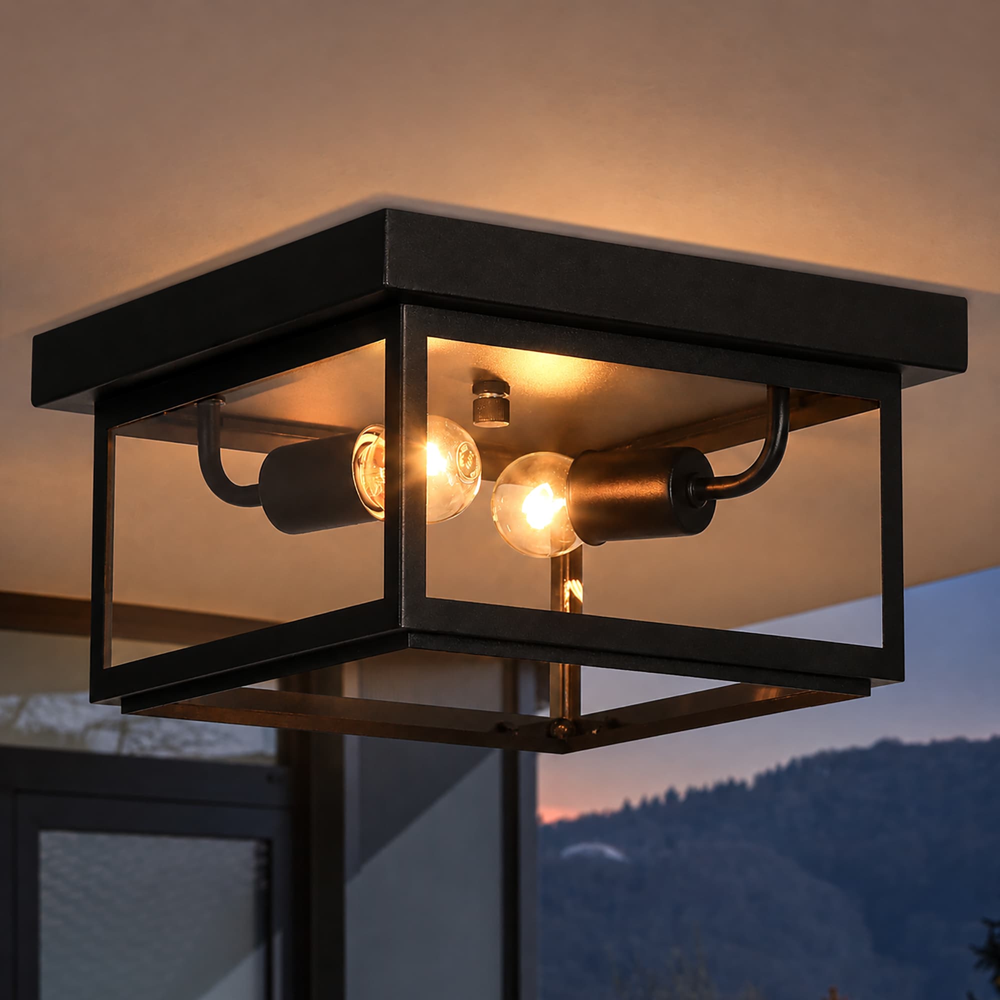 LNC Sabrina 11-in Sand Black Square Outdoor 2 -Light Flush Mount Light with Clear Glass