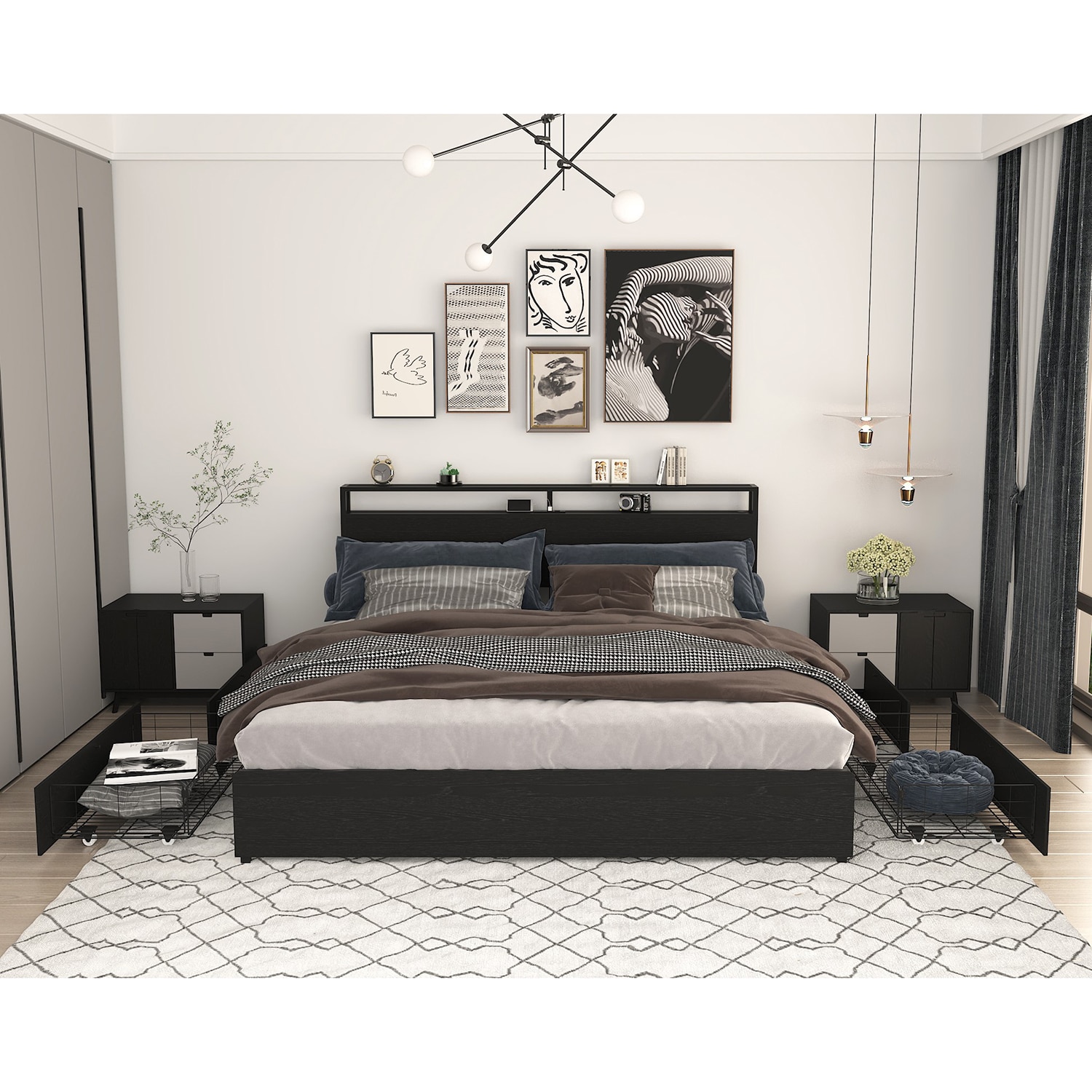 GZMR GZ-JH8919T King Bed Frame, Storage Headboard with Charging Station Black King Metal Bed frame Bed with Storage