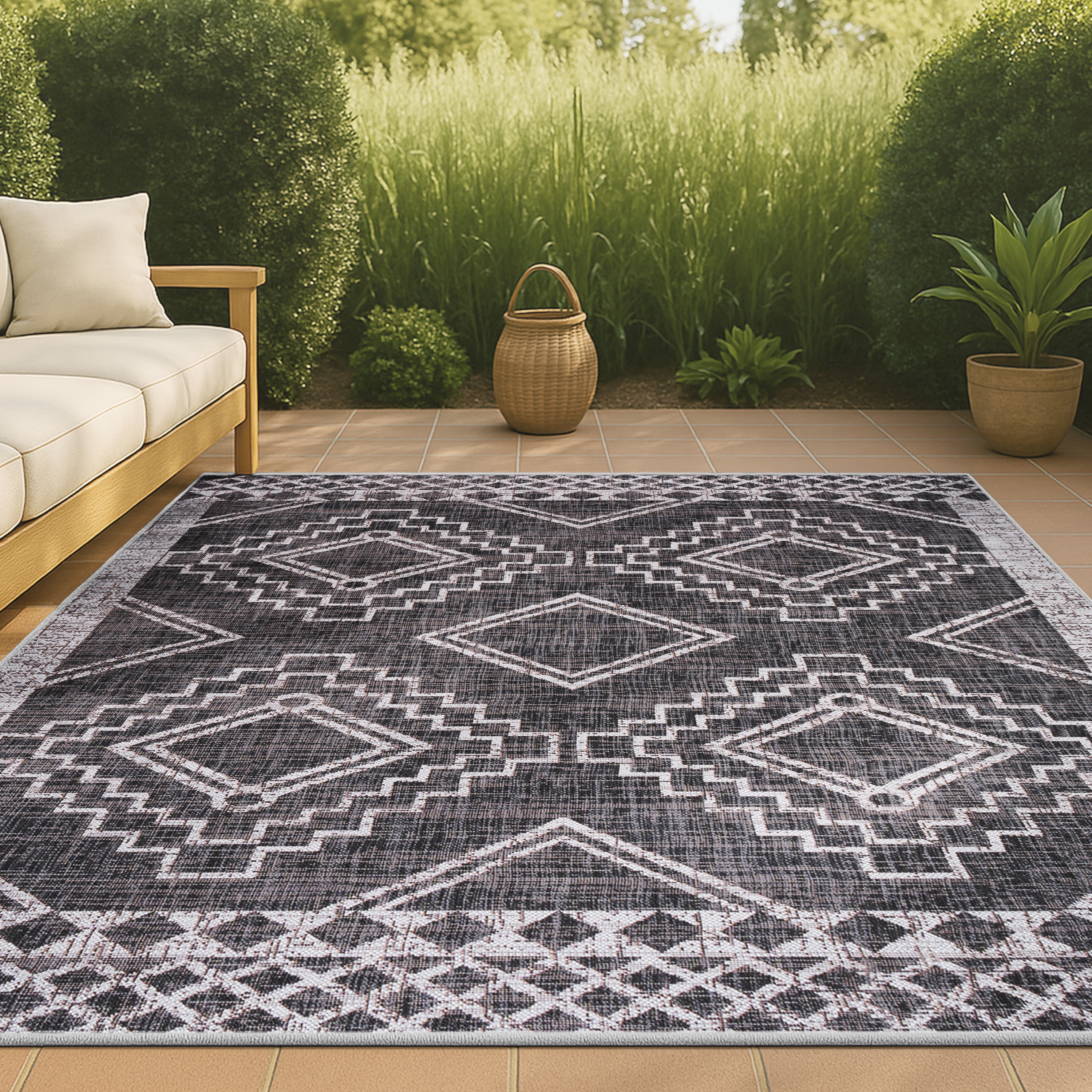 JONATHAN  Y SMB127F-8 Santa Monica Marokko Diamond Tribal 8 x 10 (ft) Loomed Polypropylene Black/Ivory Rectangular Indoor/Outdoor Tribal Bohemian/Eclectic Area rug