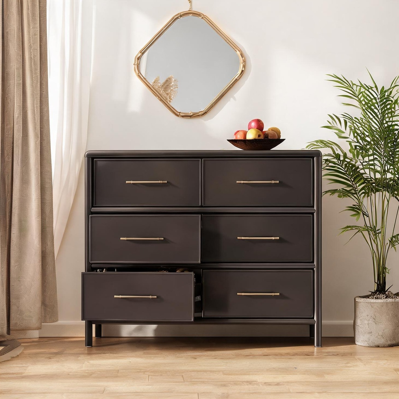 Watnature Storage Cabinet Large 48-Inch Acacia Wood with 6 Drawers Warm Brown Modern Sideboard for Living Room