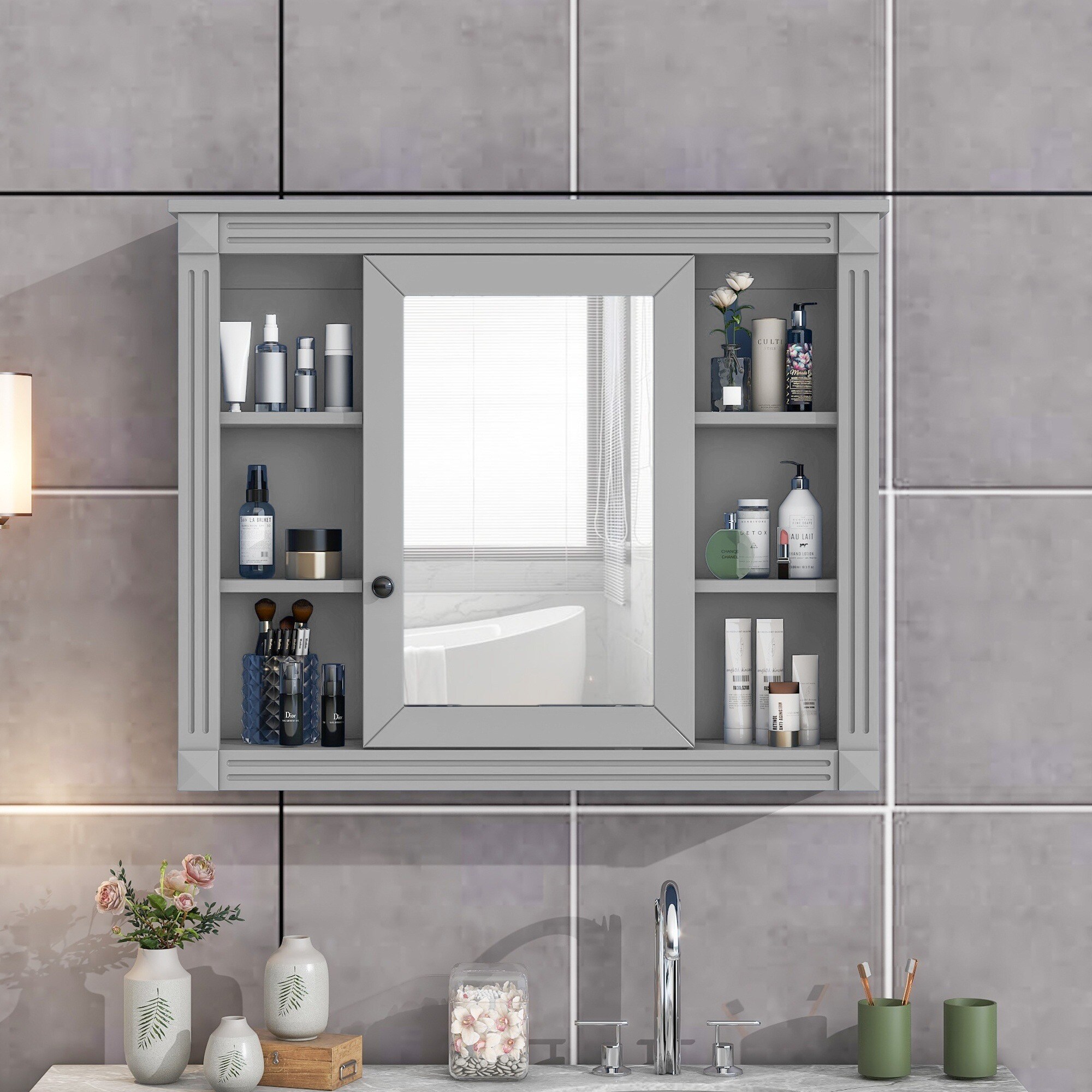 IAK 35 inch x 28 inch Grey MDF Wall Mounted Medicine Cabinet with Mirror and 6 Open Shelves
