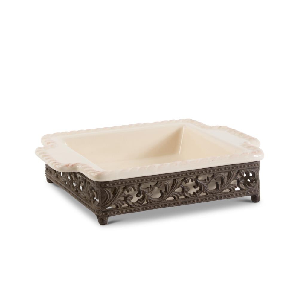 GG Collection Cream Stoneware Loaf Dish in Metal Acanthus Leaf Base