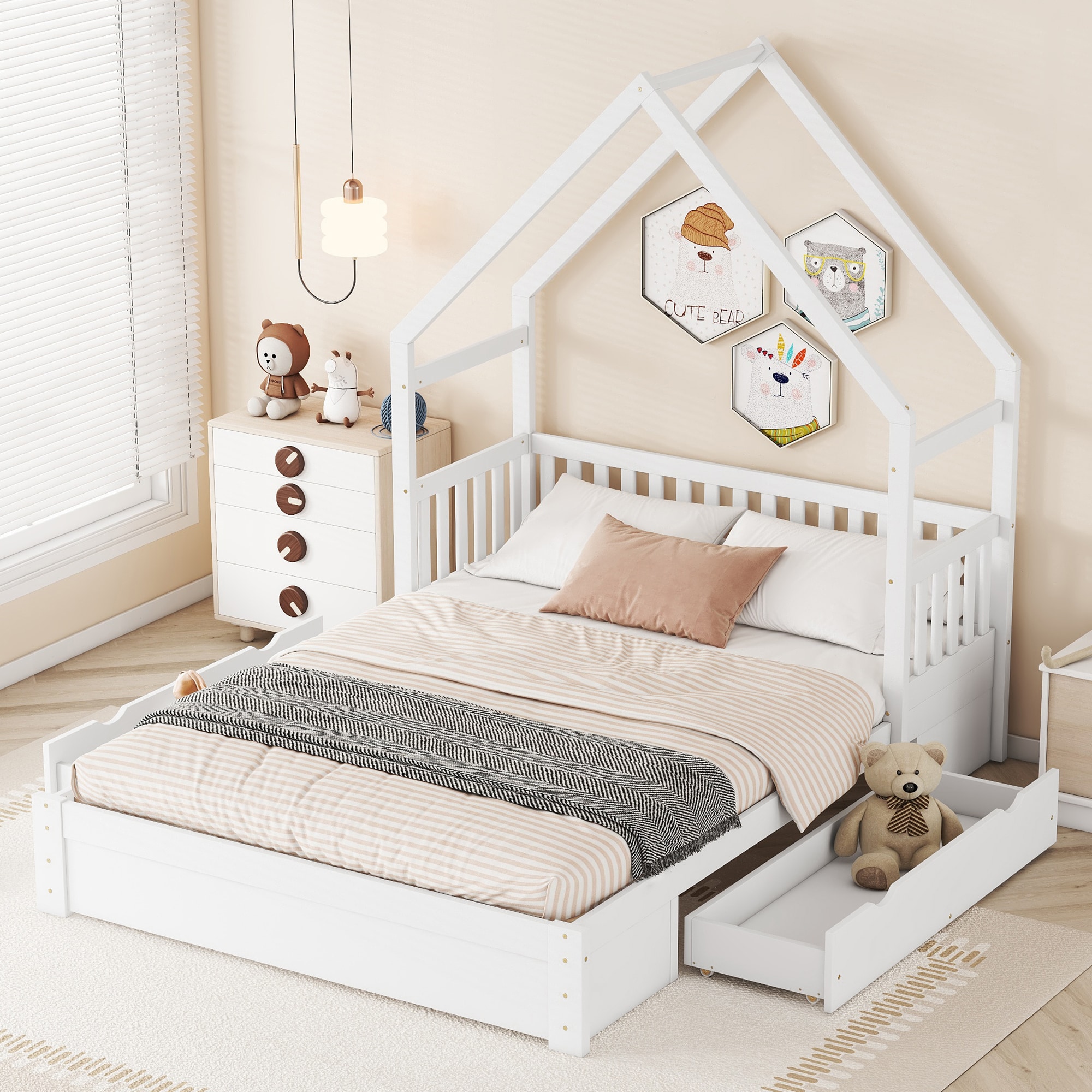 ModernLuxe GX000726AAK Wood Queen Size House Platform Bed with Guardrail and 2 Drawers White