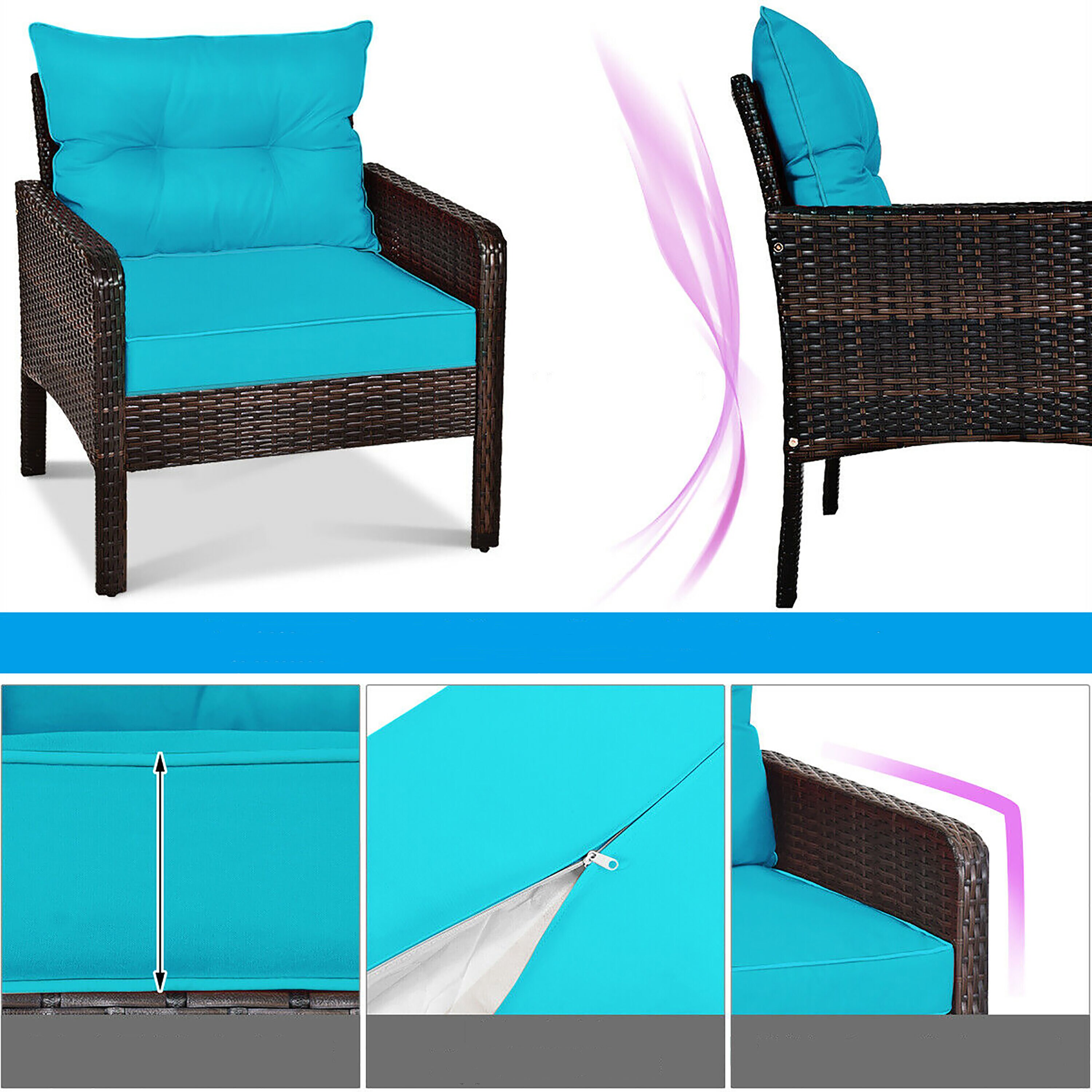 Turquoise 5-Piece Outdoor Rattan Conversation Set with Cushions