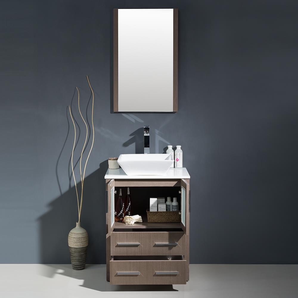 24" Gray Oak Modern Freestanding Vanity Set with Vessel Sink & Mirror